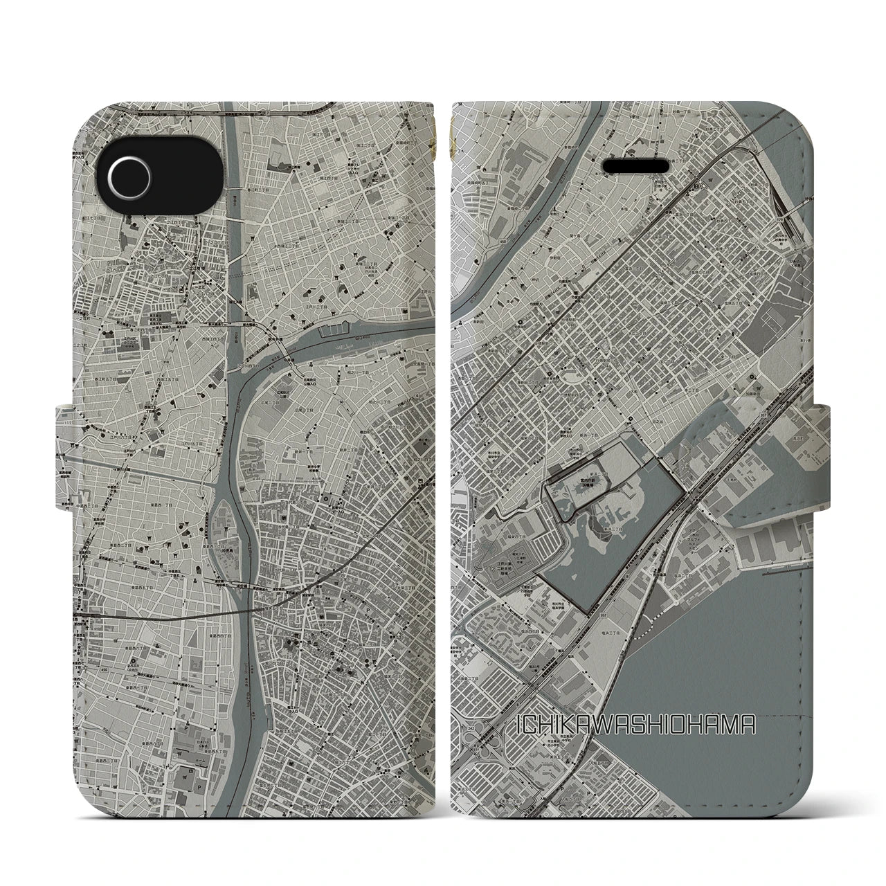 【市川塩浜(千葉県)】地図柄iPhoneケース(手帳タイプ)モノトーン・iPhone SE(第3 / 第2世代) / 8 / 7 / 6s / 6 用