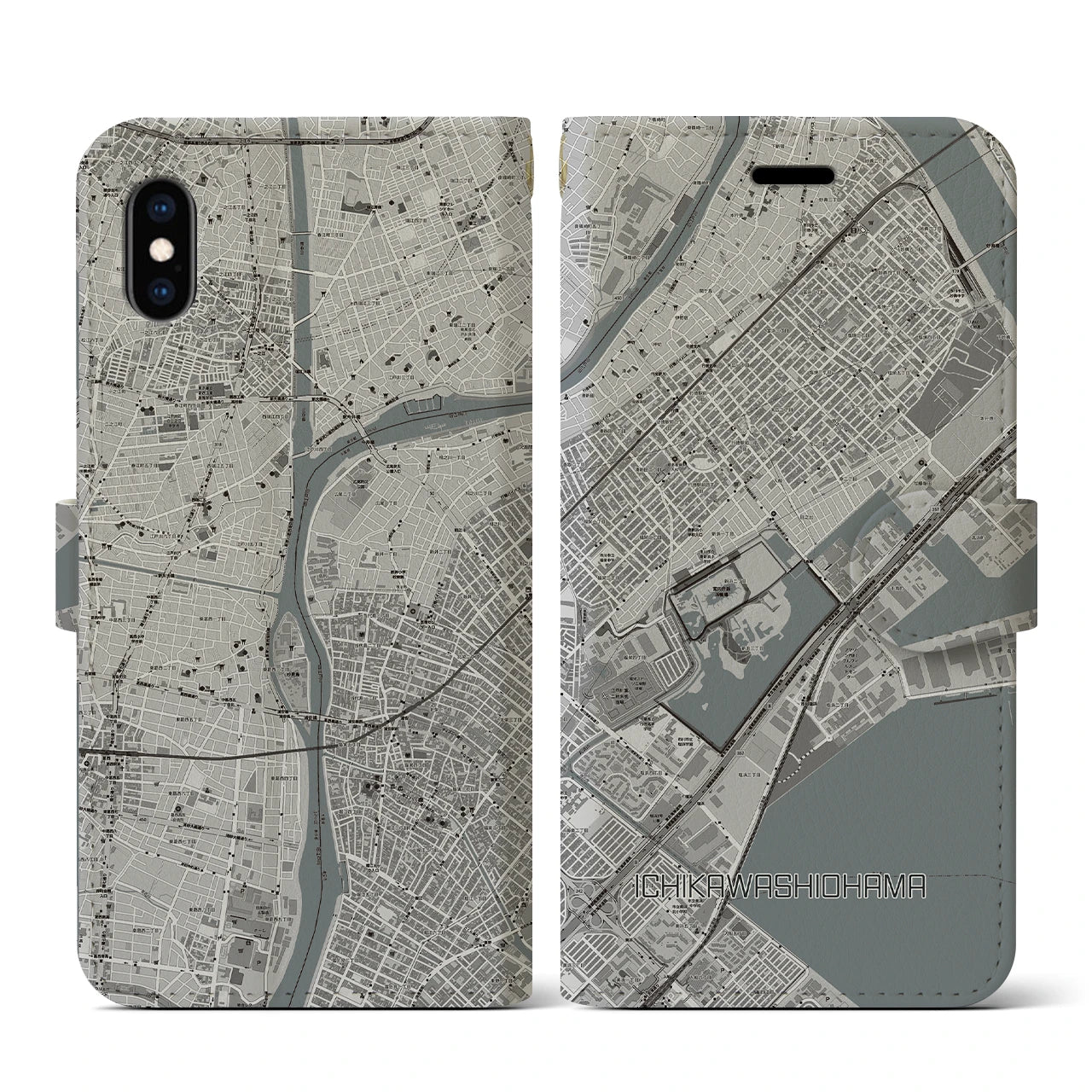 【市川塩浜(千葉県)】地図柄iPhoneケース(手帳タイプ)モノトーン・iPhone XS / X 用