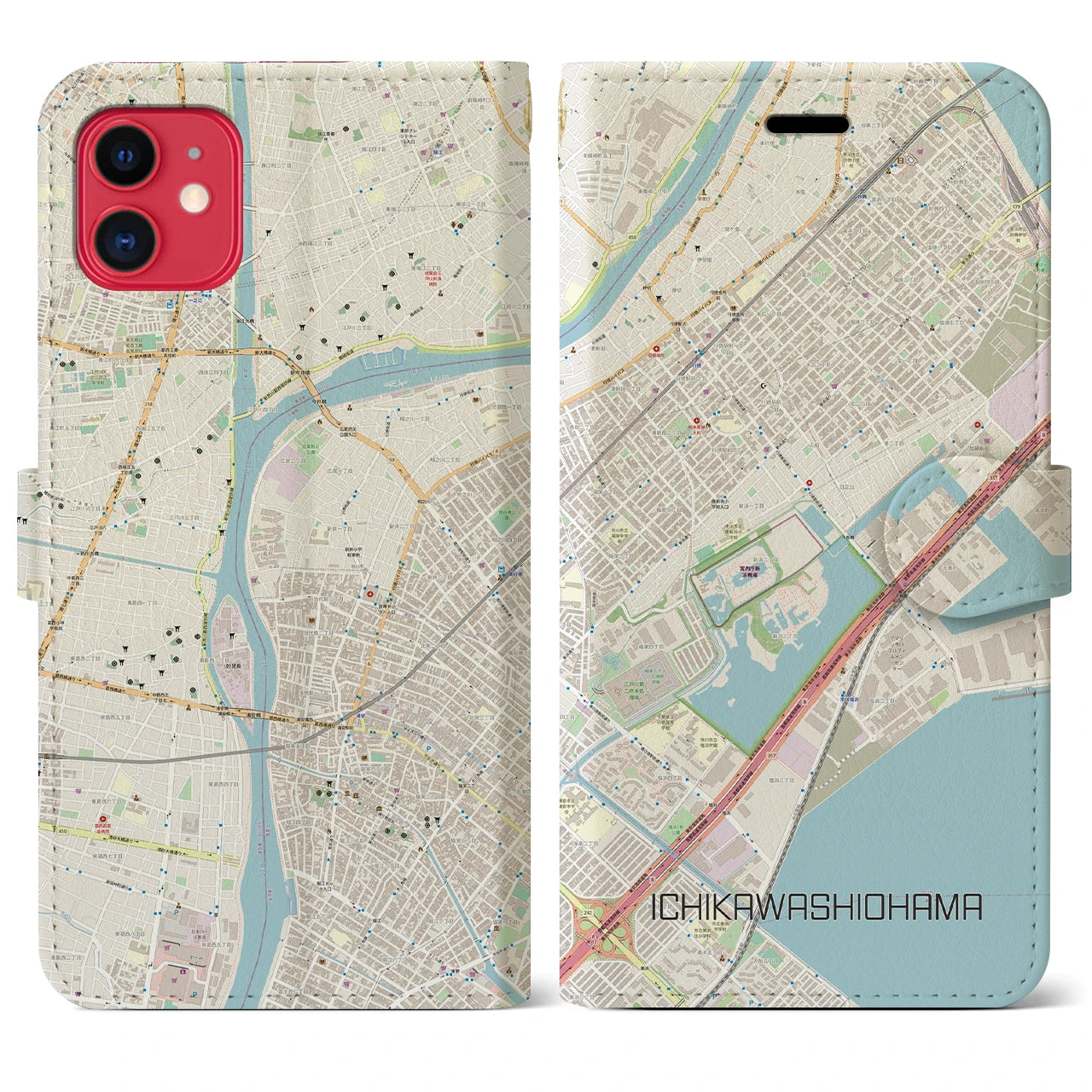 【市川塩浜(千葉県)】地図柄iPhoneケース(手帳タイプ)ナチュラル・iPhone 11 用