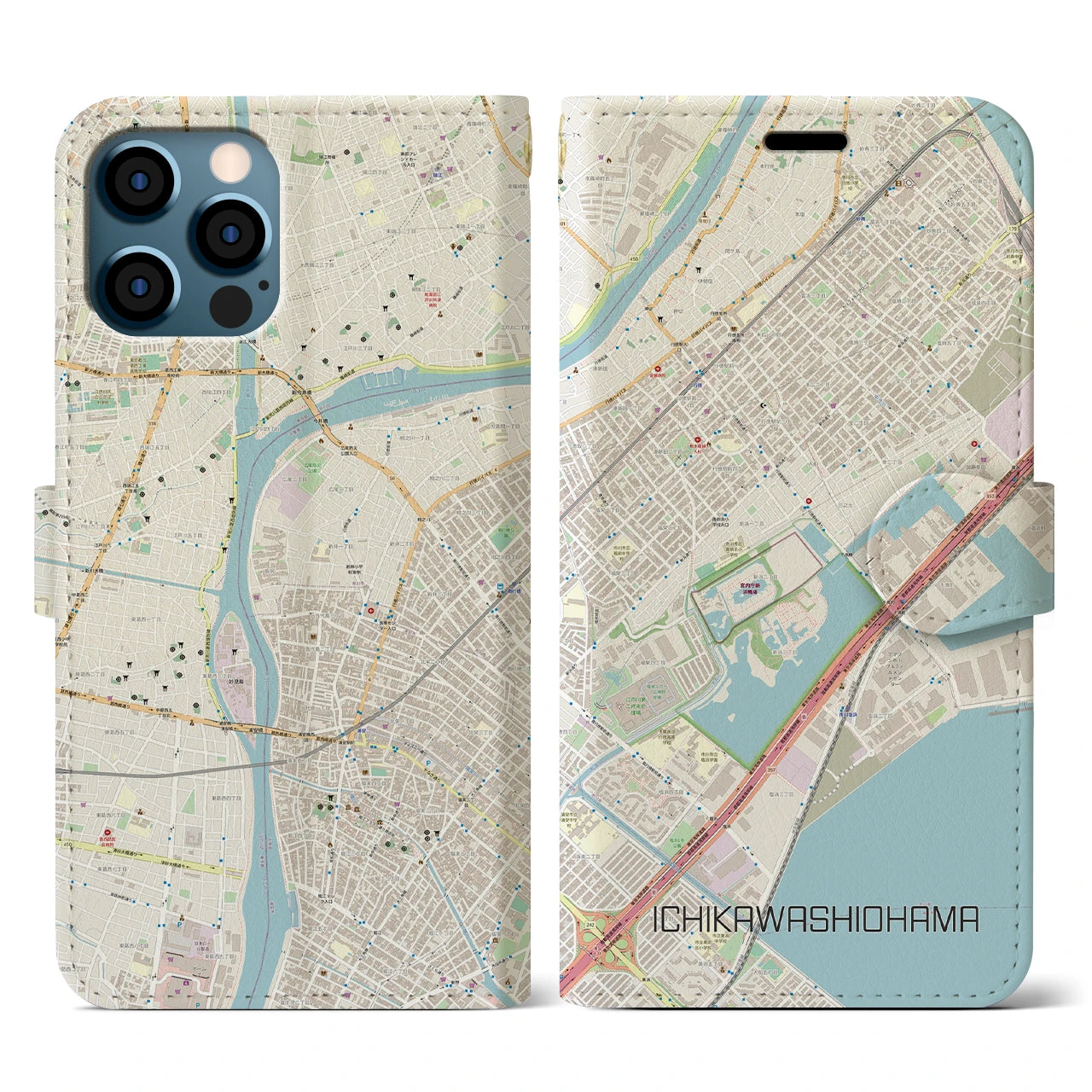 【市川塩浜(千葉県)】地図柄iPhoneケース(手帳タイプ)ナチュラル・iPhone 12 / 12 Pro 用