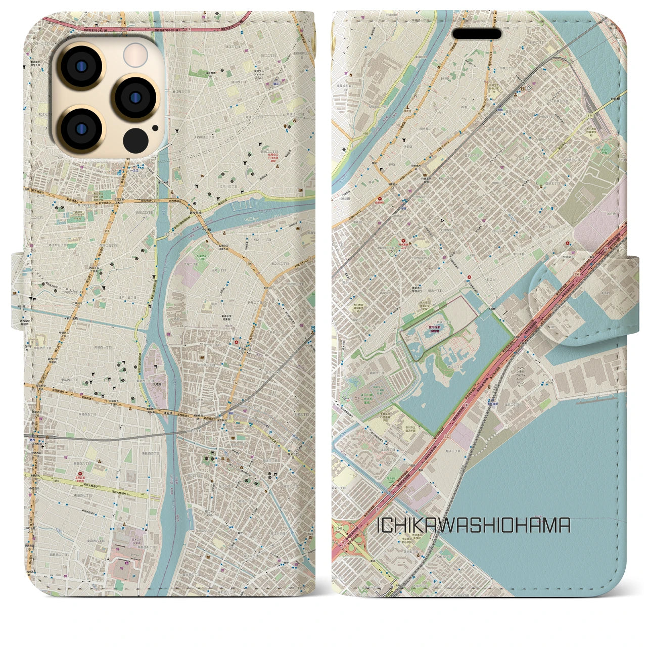 【市川塩浜(千葉県)】地図柄iPhoneケース(手帳タイプ)ナチュラル・iPhone 12 Pro Max 用