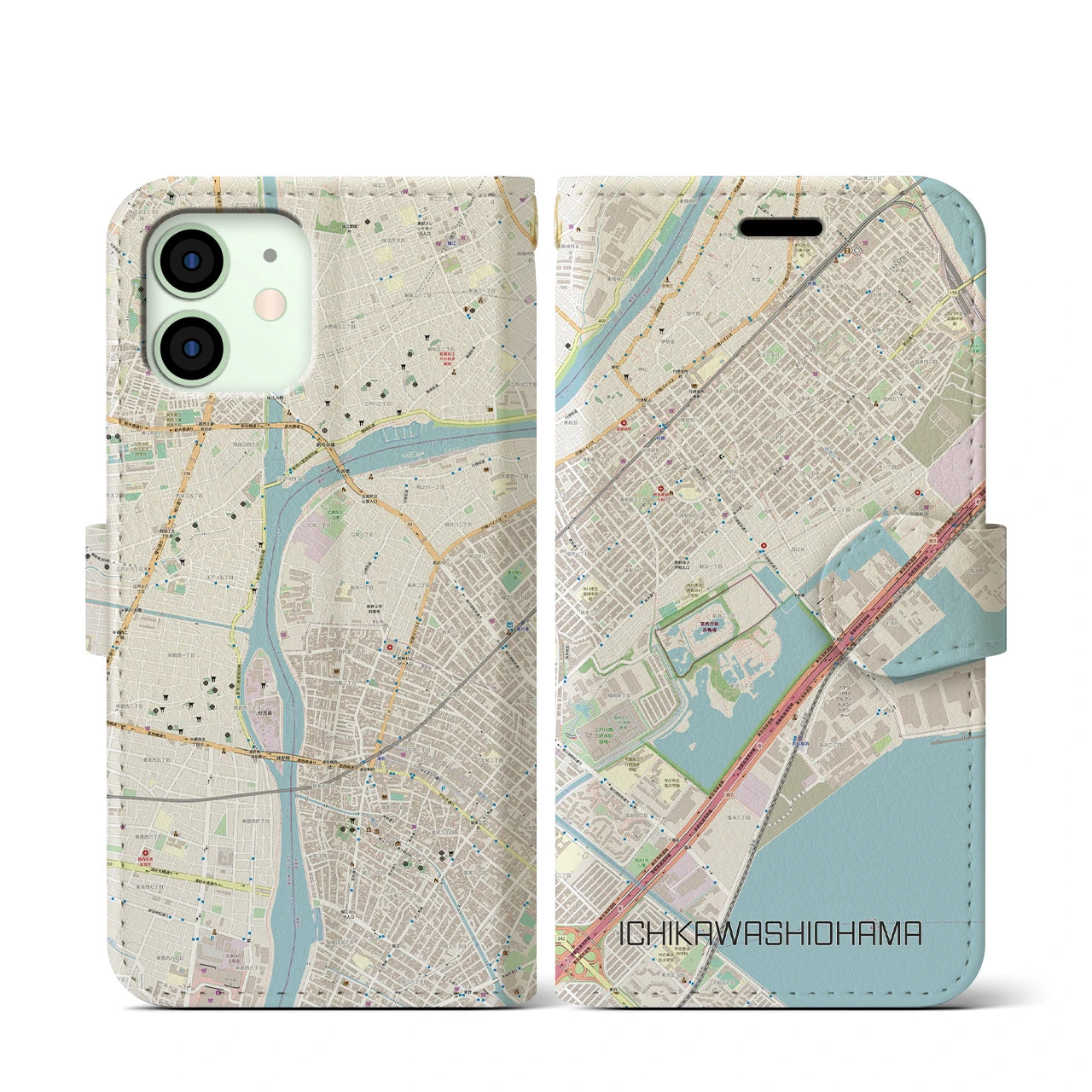 【市川塩浜(千葉県)】地図柄iPhoneケース(手帳タイプ)ナチュラル・iPhone 12 mini 用