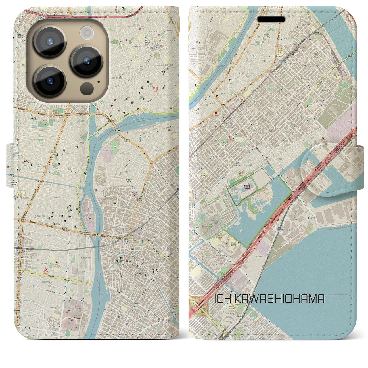 【市川塩浜(千葉県)】地図柄iPhoneケース(手帳タイプ)ナチュラル・iPhone 14 Pro Max 用