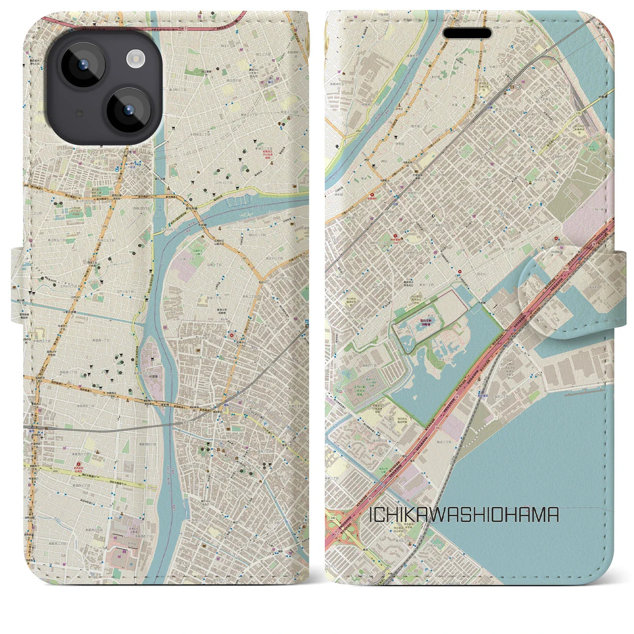 【市川塩浜(千葉県)】地図柄iPhoneケース(手帳タイプ)ナチュラル・iPhone 14 Plus 用