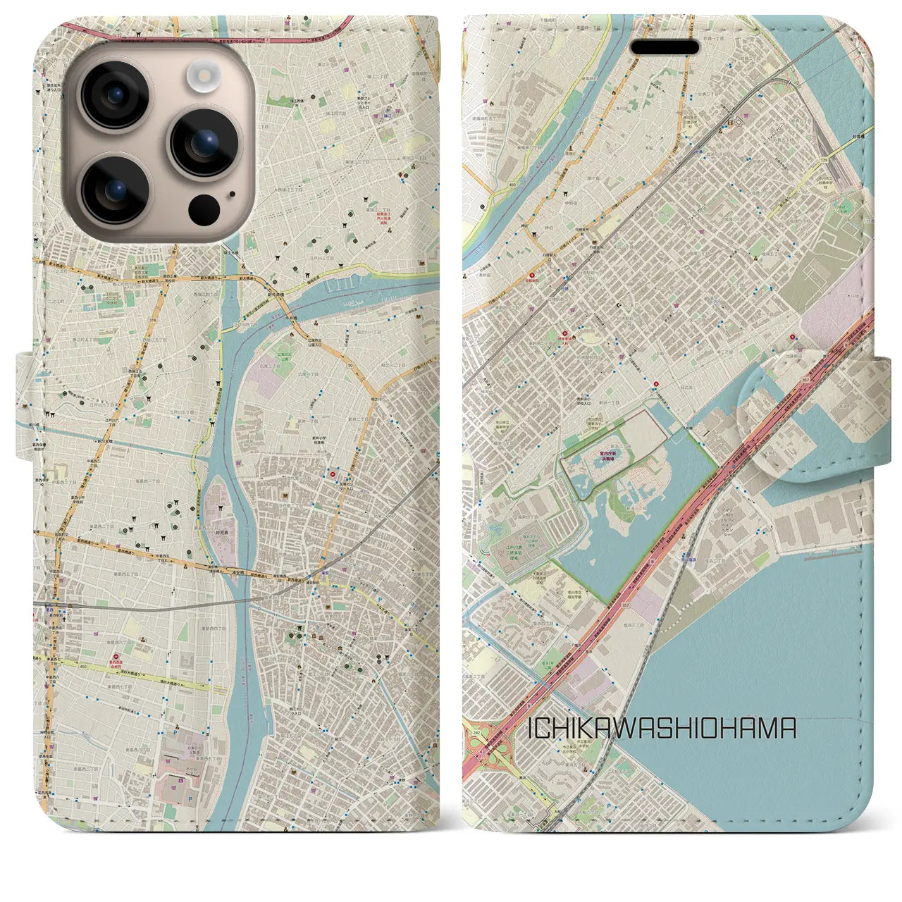 【市川塩浜(千葉県)】地図柄iPhoneケース(手帳タイプ)ナチュラル・iPhone 16 Plus 用