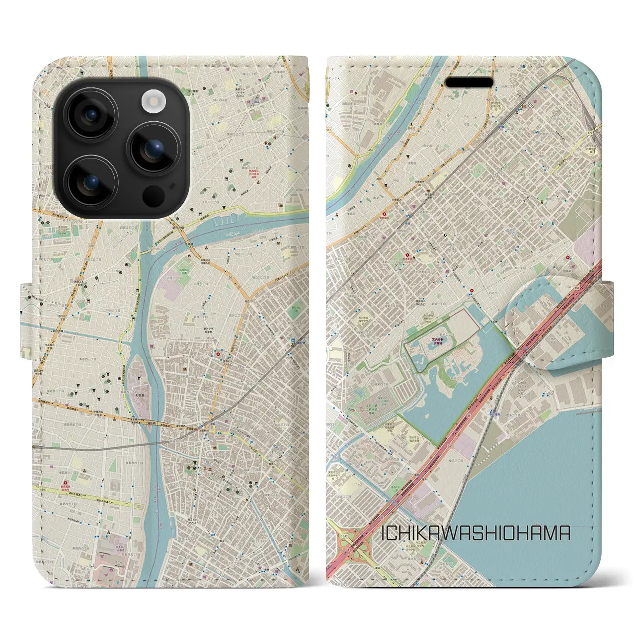 【市川塩浜(千葉県)】地図柄iPhoneケース(手帳タイプ)ナチュラル・iPhone 16 用