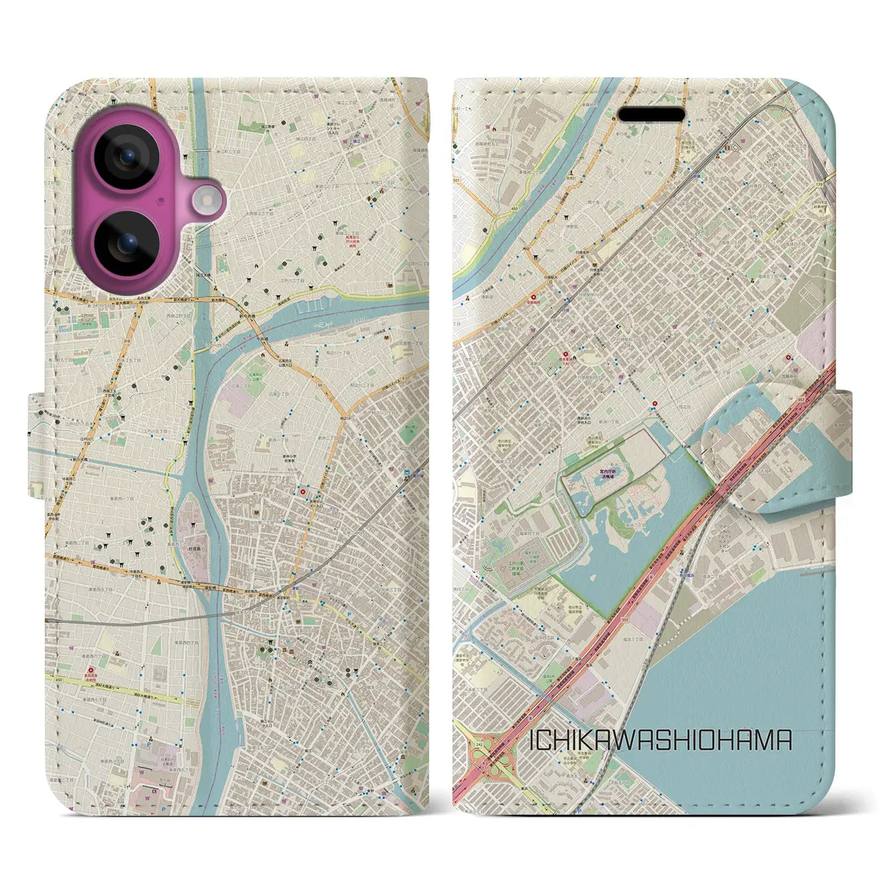 【市川塩浜(千葉県)】地図柄iPhoneケース(手帳タイプ)ナチュラル・iPhone 16 Pro 用