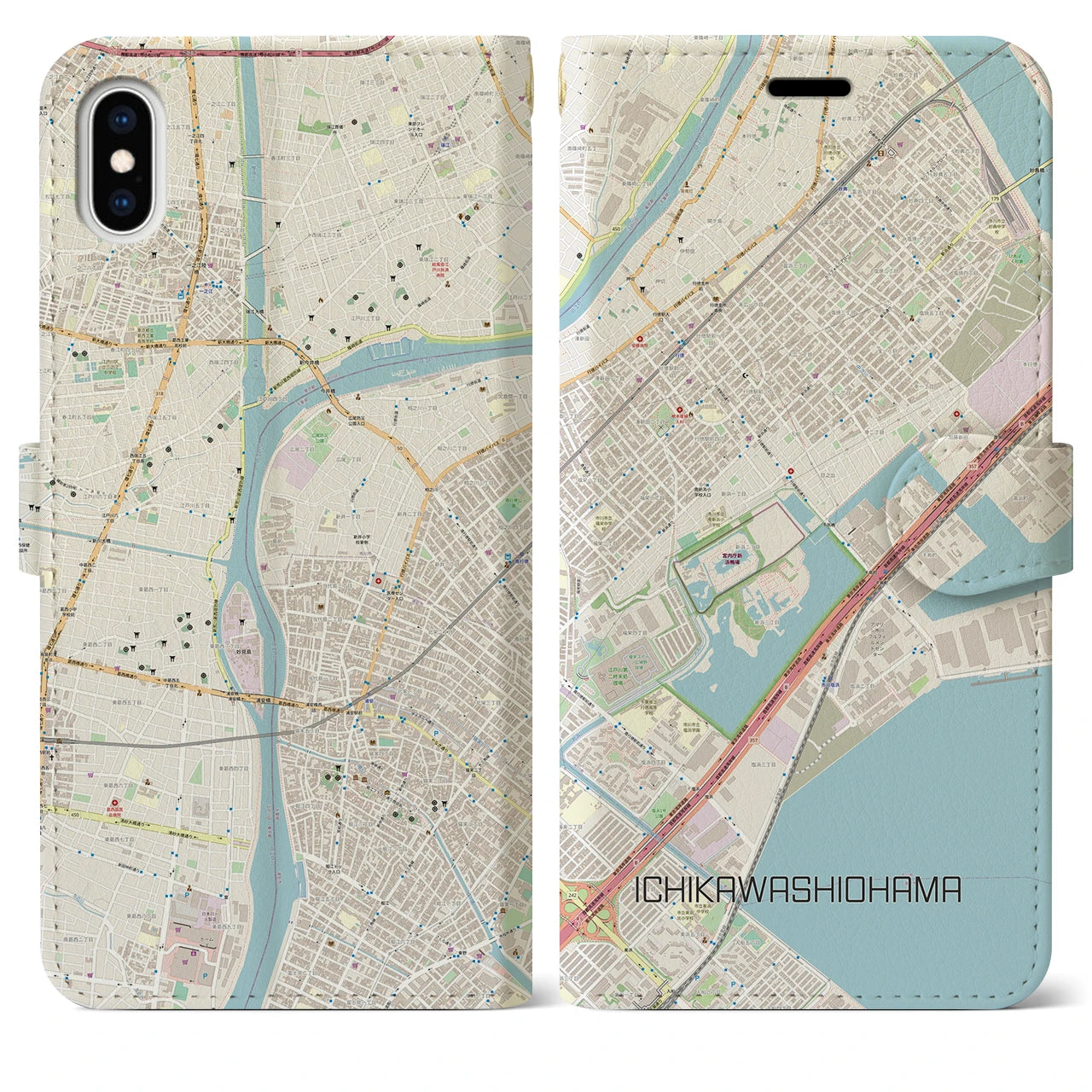 【市川塩浜(千葉県)】地図柄iPhoneケース(手帳タイプ)ナチュラル・iPhone XS Max 用