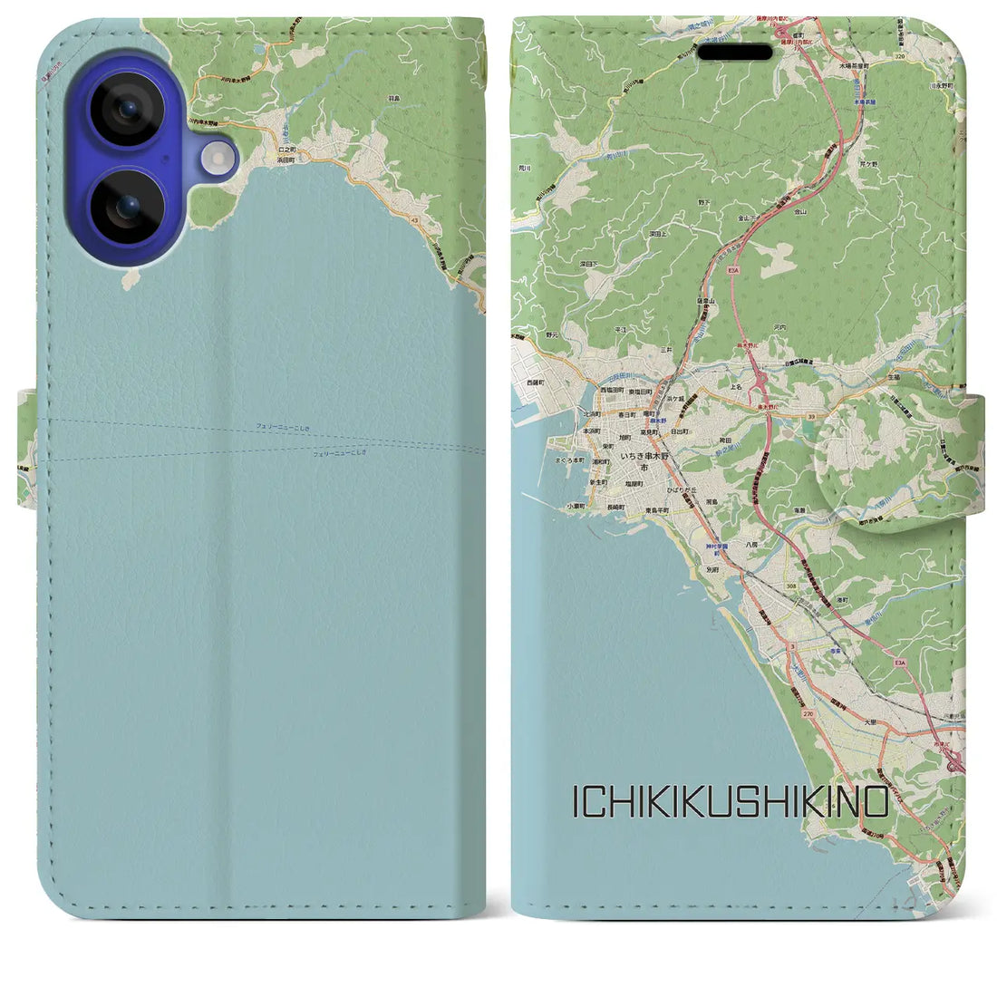【いちき串木野(鹿児島県)】地図柄iPhoneケース(手帳タイプ)モノトーン・iPhone 16 Pro Max 用
