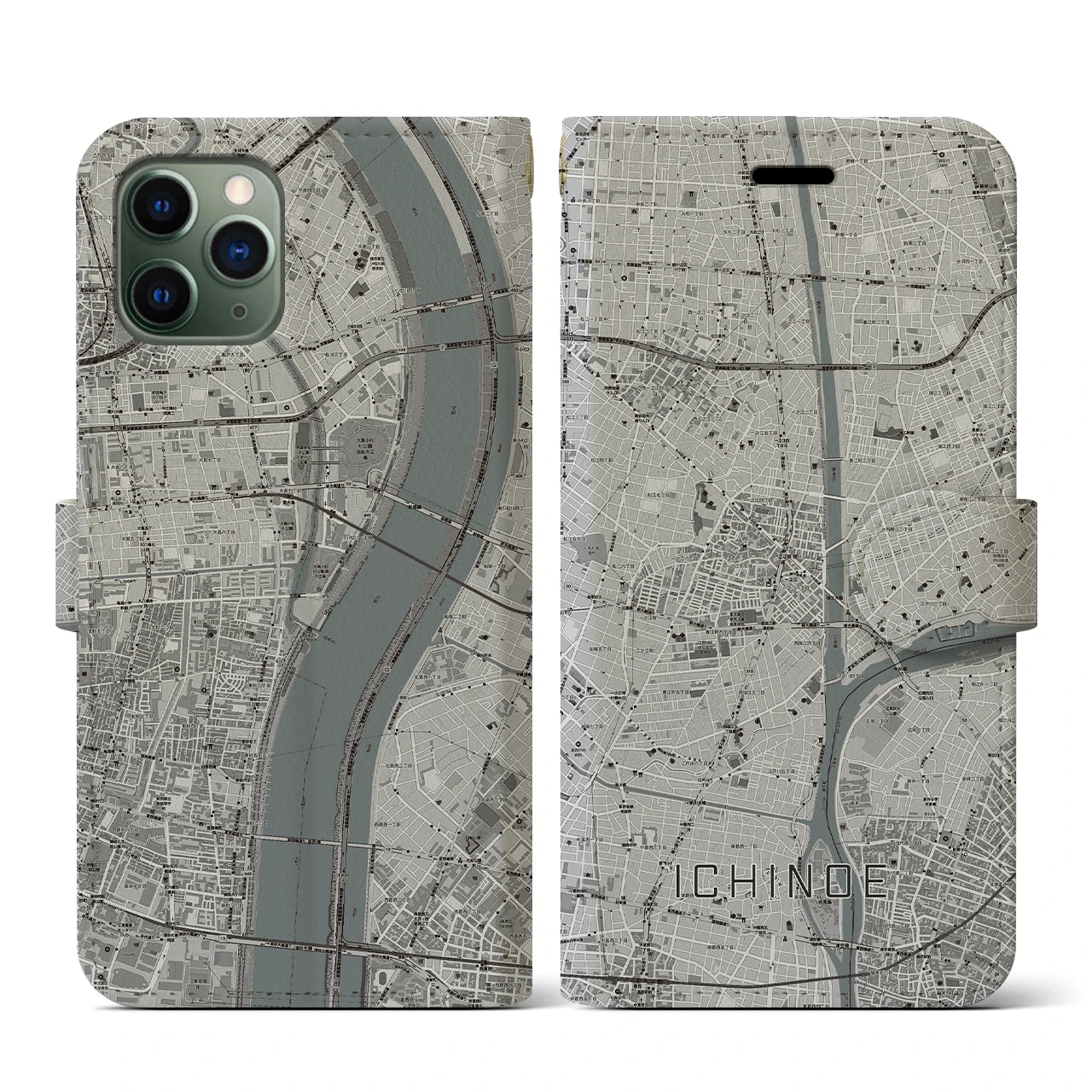 【一之江(東京都)】地図柄iPhoneケース(手帳タイプ)モノトーン・iPhone 11 Pro 用