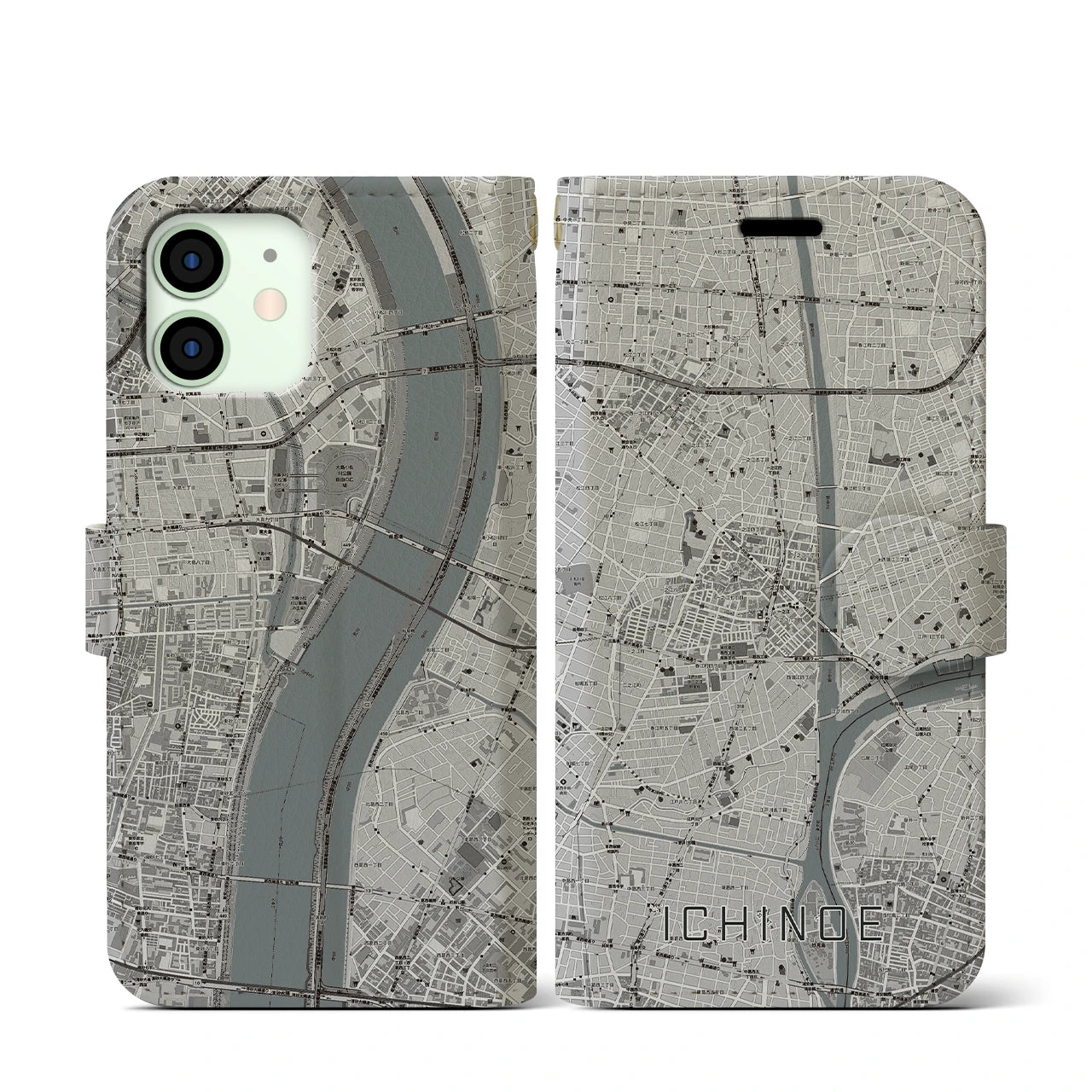 【一之江(東京都)】地図柄iPhoneケース(手帳タイプ)モノトーン・iPhone 12 mini 用