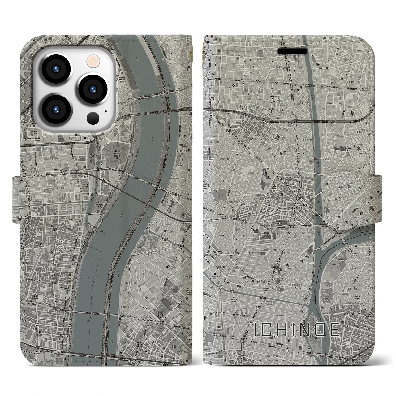 【一之江(東京都)】地図柄iPhoneケース(手帳タイプ)モノトーン・iPhone 13 Pro 用