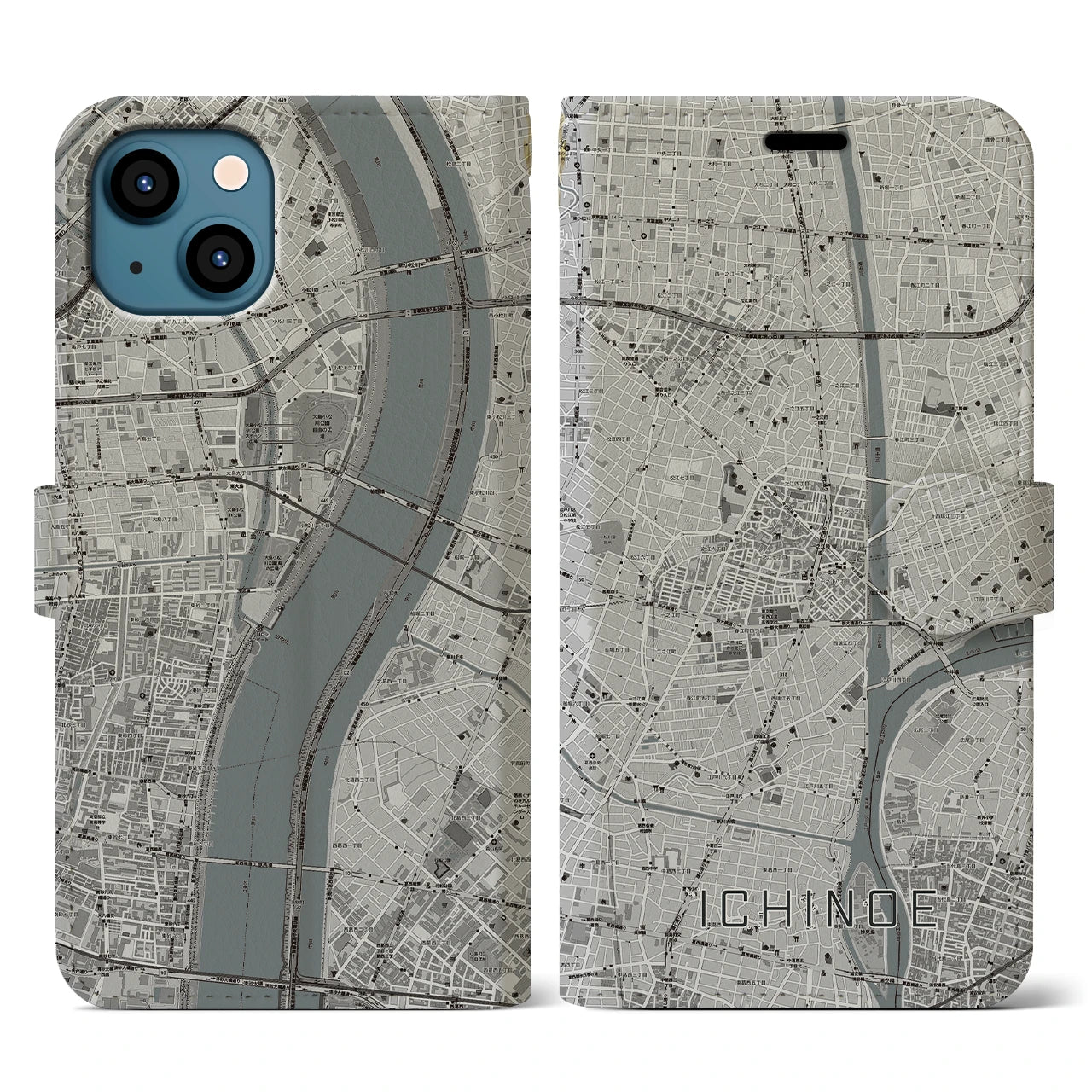 【一之江(東京都)】地図柄iPhoneケース(手帳タイプ)モノトーン・iPhone 13 用