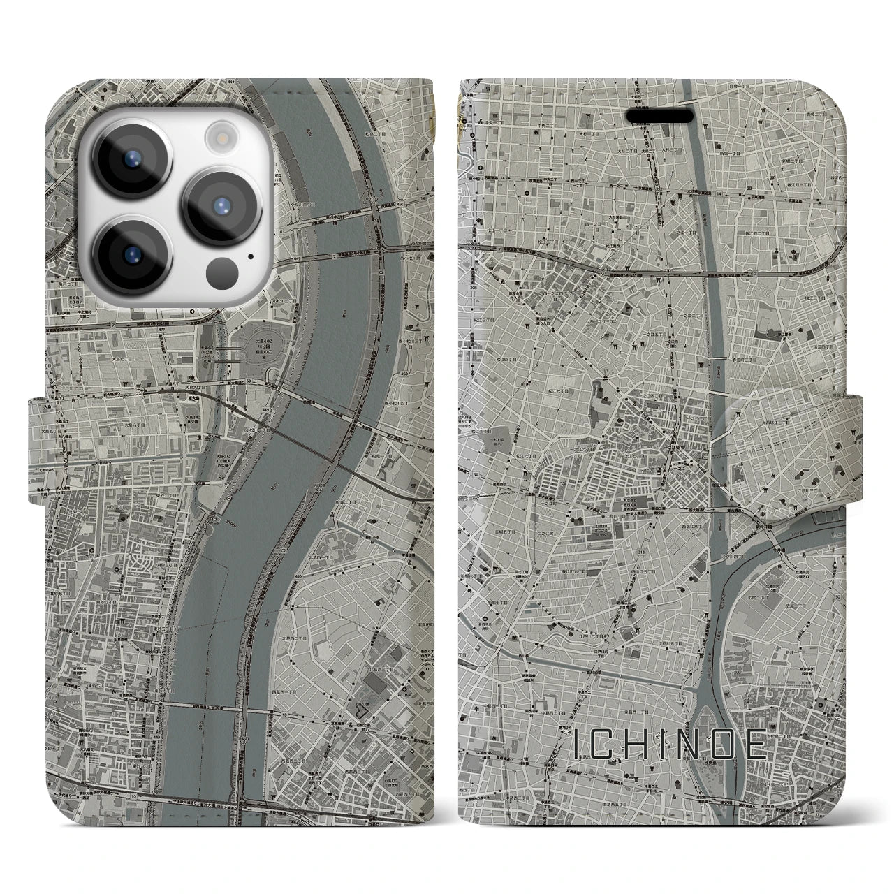 【一之江(東京都)】地図柄iPhoneケース(手帳タイプ)モノトーン・iPhone 14 Pro 用