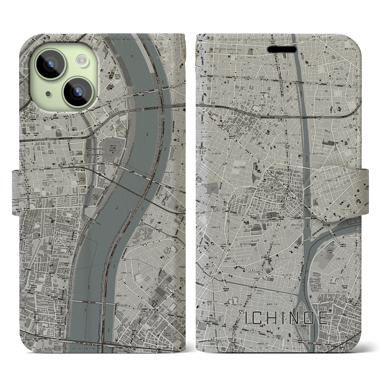 【一之江(東京都)】地図柄iPhoneケース(手帳タイプ)モノトーン・iPhone 15 用