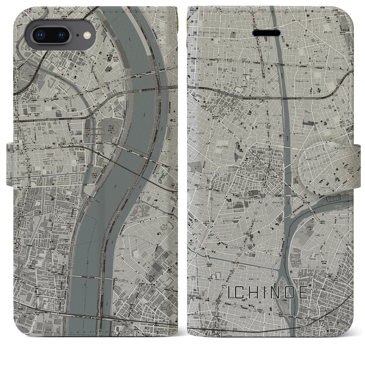 【一之江(東京都)】地図柄iPhoneケース(手帳タイプ)モノトーン・iPhone 8Plus /7Plus / 6sPlus / 6Plus 用