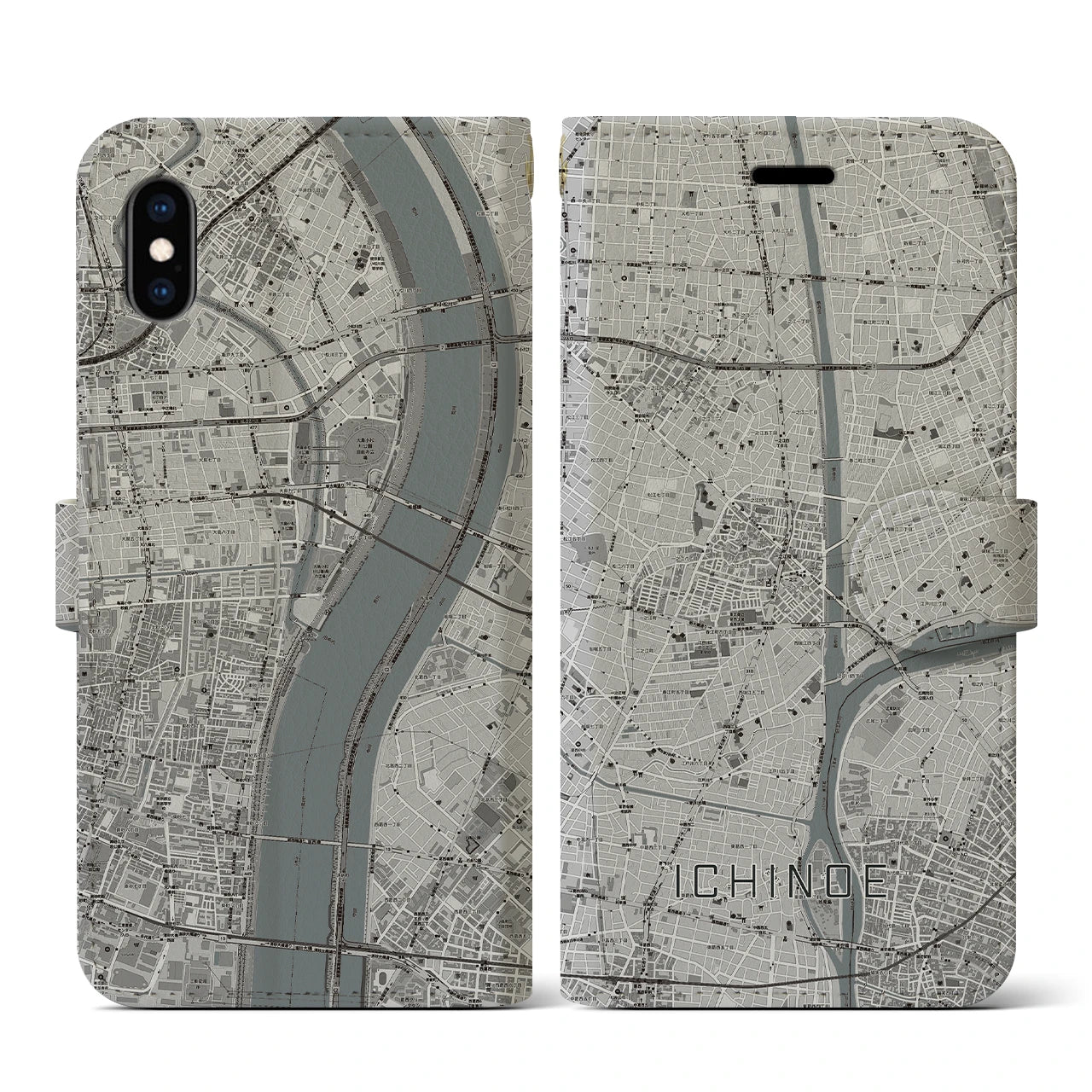 【一之江(東京都)】地図柄iPhoneケース(手帳タイプ)モノトーン・iPhone XS / X 用