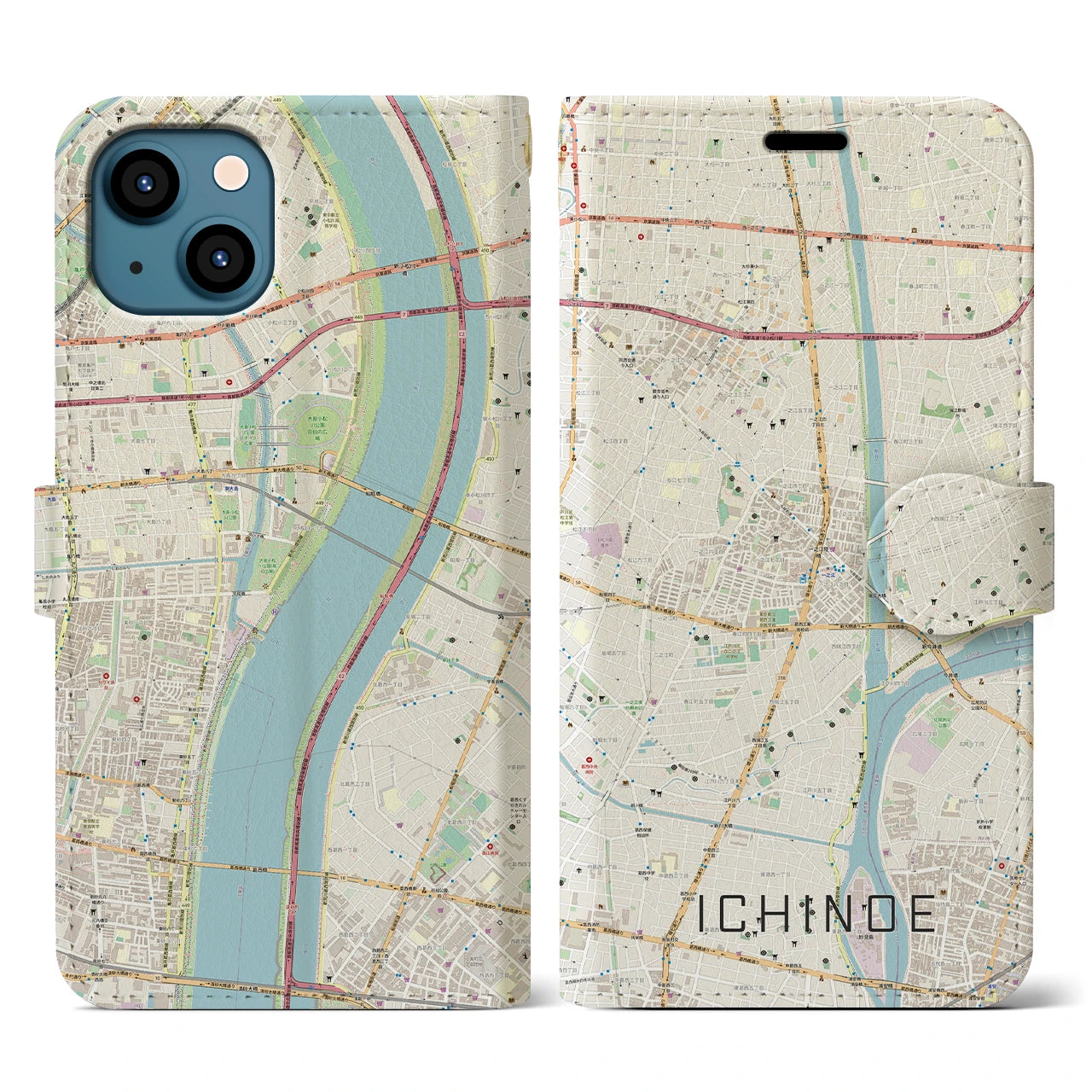 【一之江(東京都)】地図柄iPhoneケース(手帳タイプ)ナチュラル・iPhone 13 用