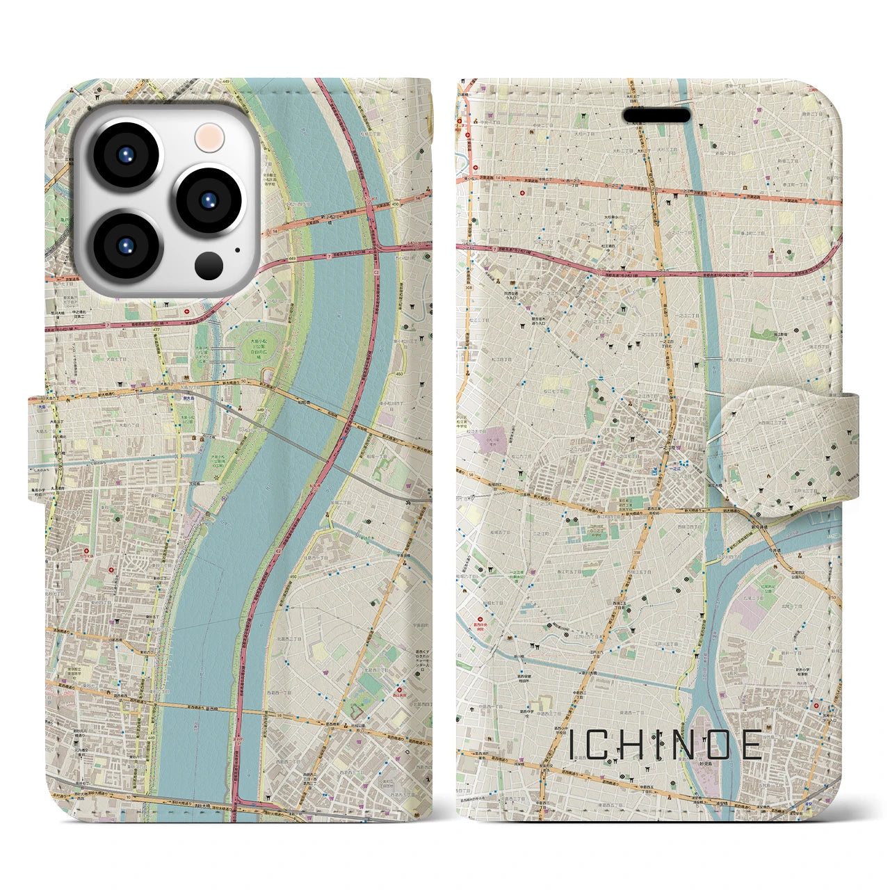 【一之江(東京都)】地図柄iPhoneケース(手帳タイプ)ナチュラル・iPhone 13 Pro 用