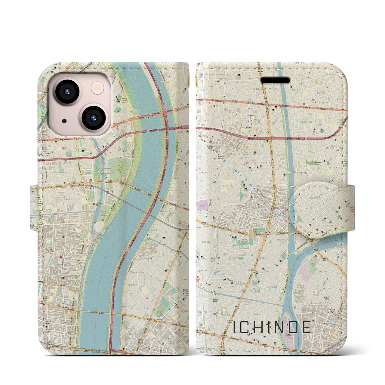 【一之江(東京都)】地図柄iPhoneケース(手帳タイプ)ナチュラル・iPhone 13 mini 用