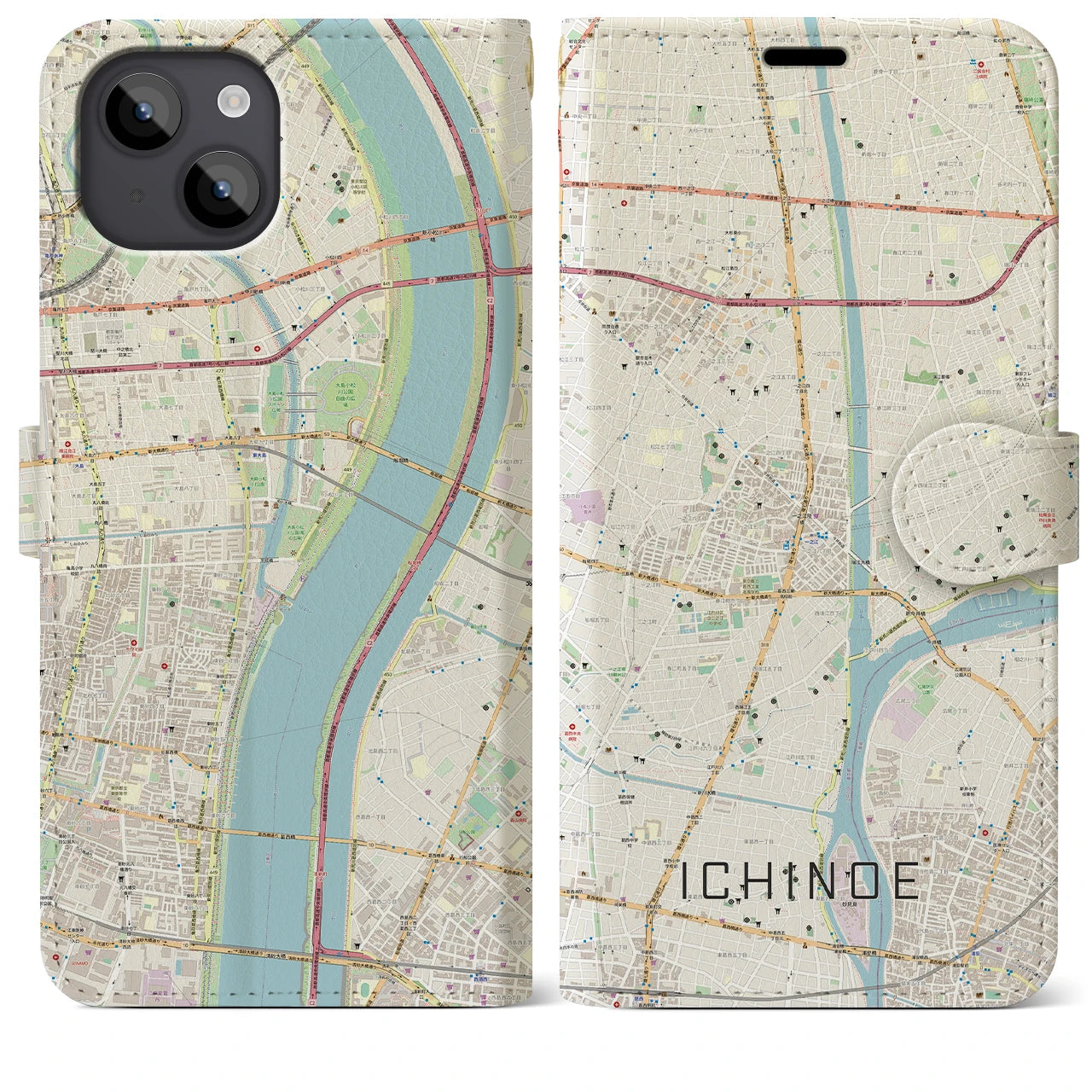 【一之江(東京都)】地図柄iPhoneケース(手帳タイプ)ナチュラル・iPhone 14 Plus 用