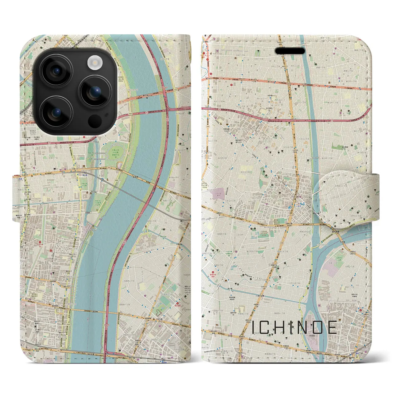 【一之江(東京都)】地図柄iPhoneケース(手帳タイプ)ナチュラル・iPhone 16 用