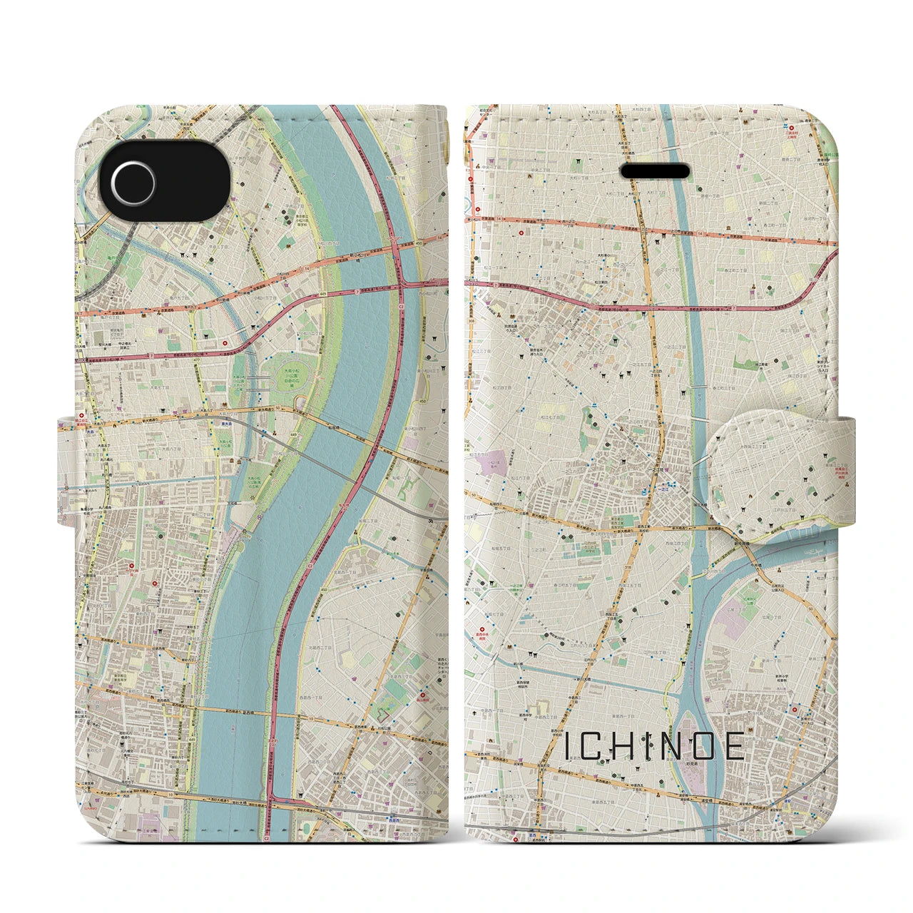 【一之江(東京都)】地図柄iPhoneケース(手帳タイプ)ナチュラル・iPhone SE(第3 / 第2世代) / 8 / 7 / 6s / 6 用