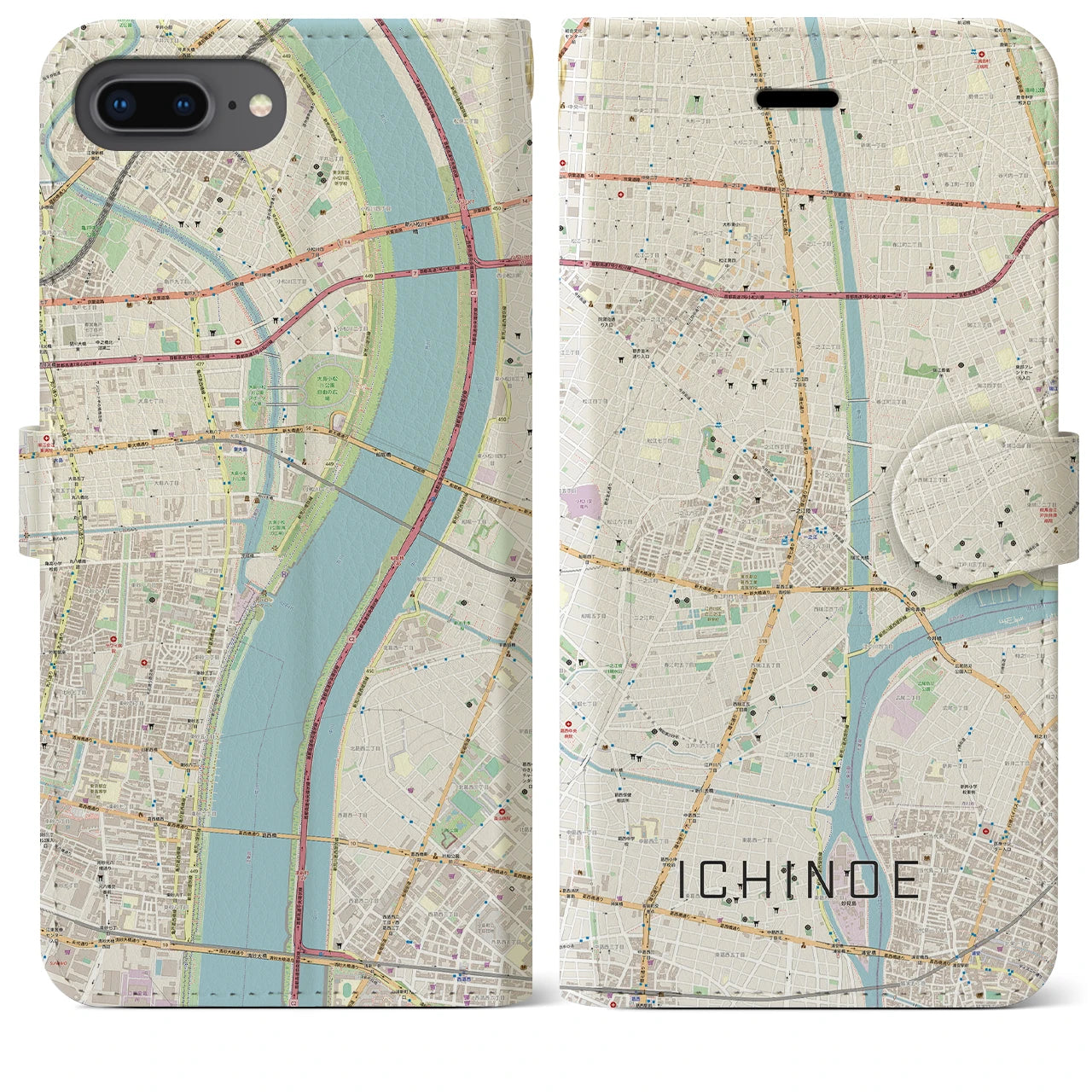 【一之江(東京都)】地図柄iPhoneケース(手帳タイプ)ナチュラル・iPhone 8Plus /7Plus / 6sPlus / 6Plus 用