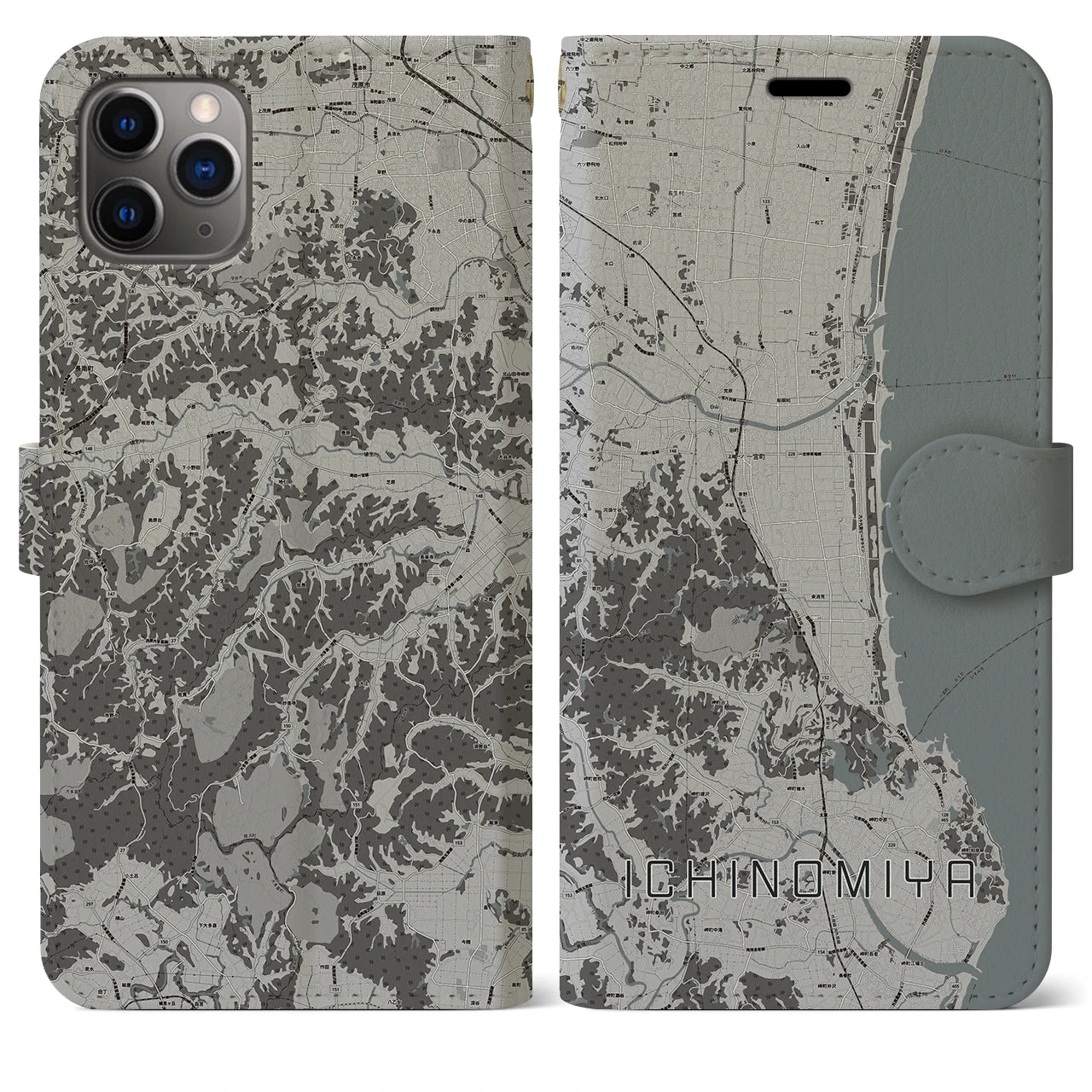 【一宮(千葉県)】地図柄iPhoneケース(手帳タイプ)モノトーン・iPhone 11 Pro Max 用