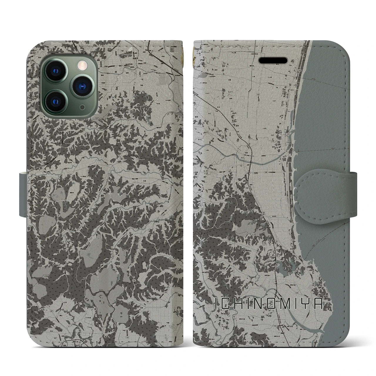 【一宮(千葉県)】地図柄iPhoneケース(手帳タイプ)モノトーン・iPhone 11 Pro 用