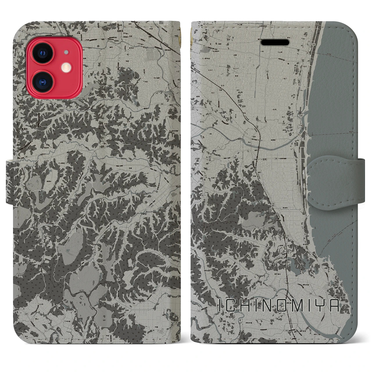 【一宮(千葉県)】地図柄iPhoneケース(手帳タイプ)モノトーン・iPhone 11 用