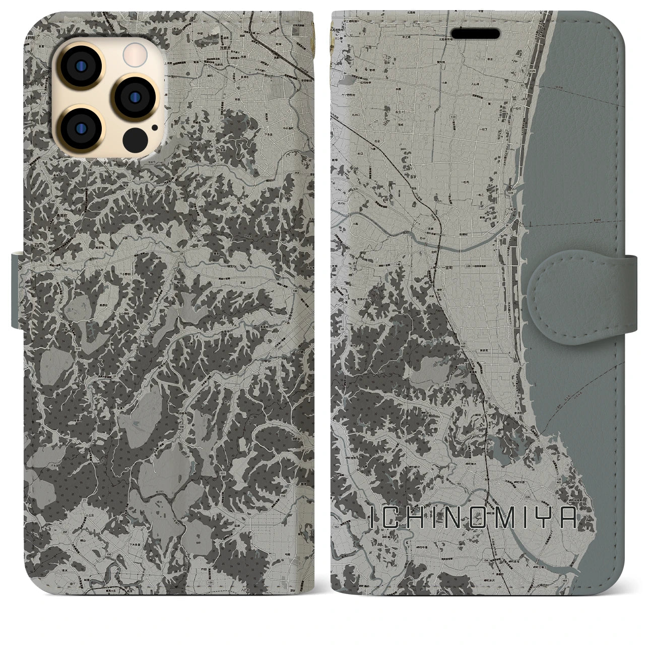 【一宮(千葉県)】地図柄iPhoneケース(手帳タイプ)モノトーン・iPhone 12 Pro Max 用