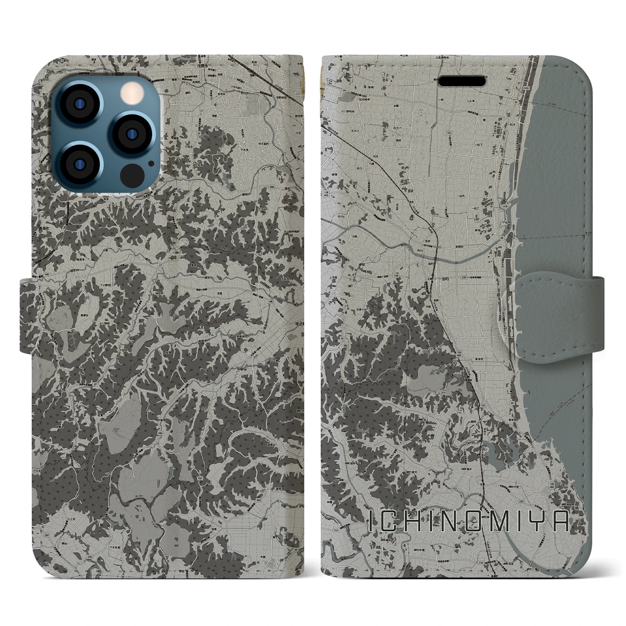 【一宮(千葉県)】地図柄iPhoneケース(手帳タイプ)モノトーン・iPhone 12 / 12 Pro 用