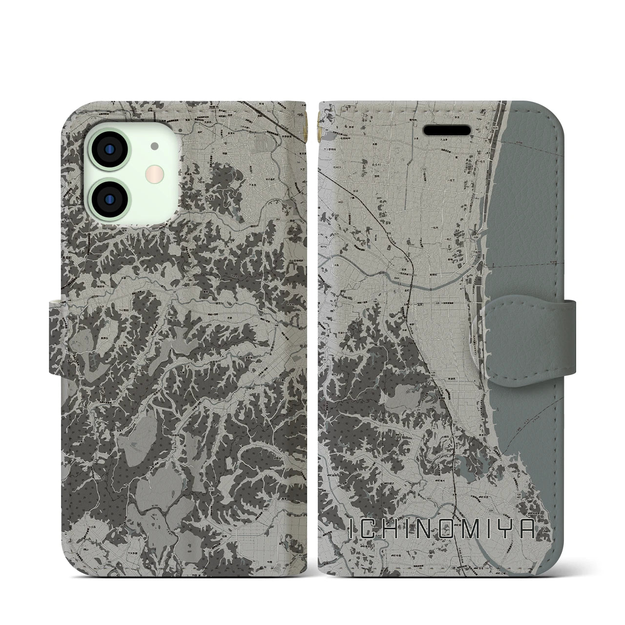 【一宮(千葉県)】地図柄iPhoneケース(手帳タイプ)モノトーン・iPhone 12 mini 用