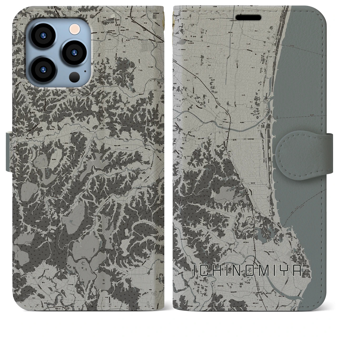 【一宮(千葉県)】地図柄iPhoneケース(手帳タイプ)モノトーン・iPhone 13 Pro Max 用