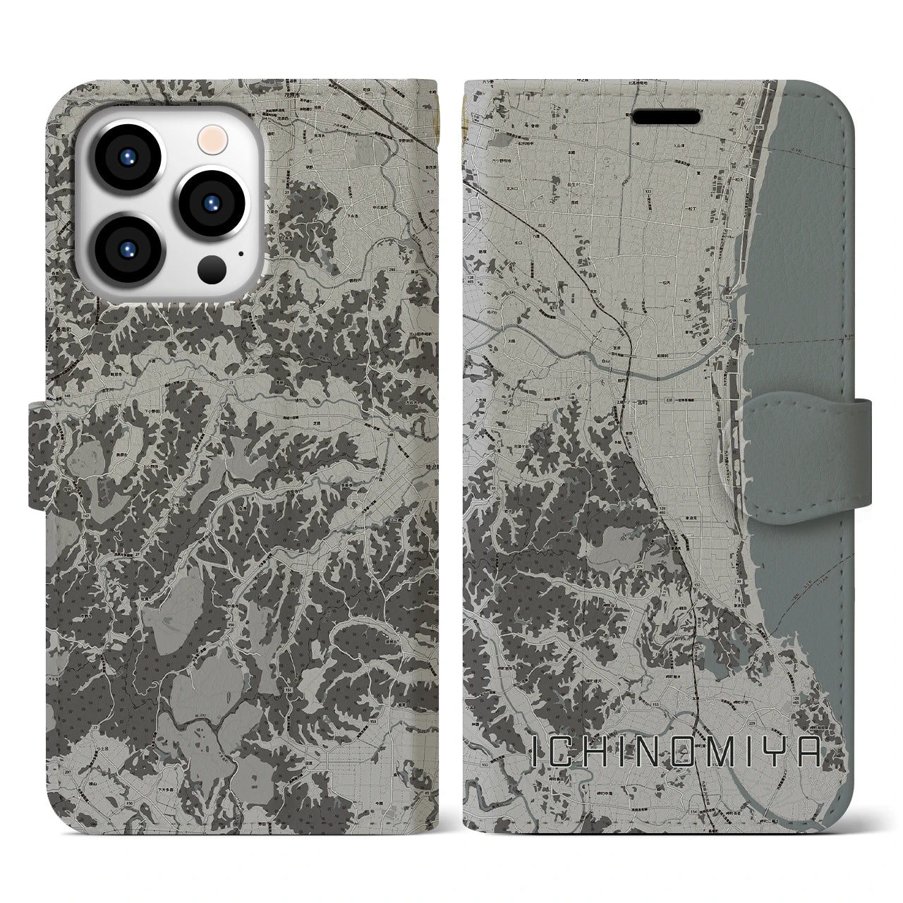 【一宮(千葉県)】地図柄iPhoneケース(手帳タイプ)モノトーン・iPhone 13 Pro 用