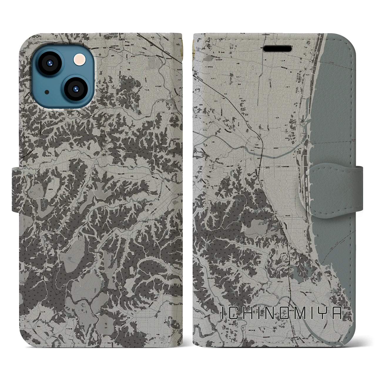 【一宮(千葉県)】地図柄iPhoneケース(手帳タイプ)モノトーン・iPhone 13 用