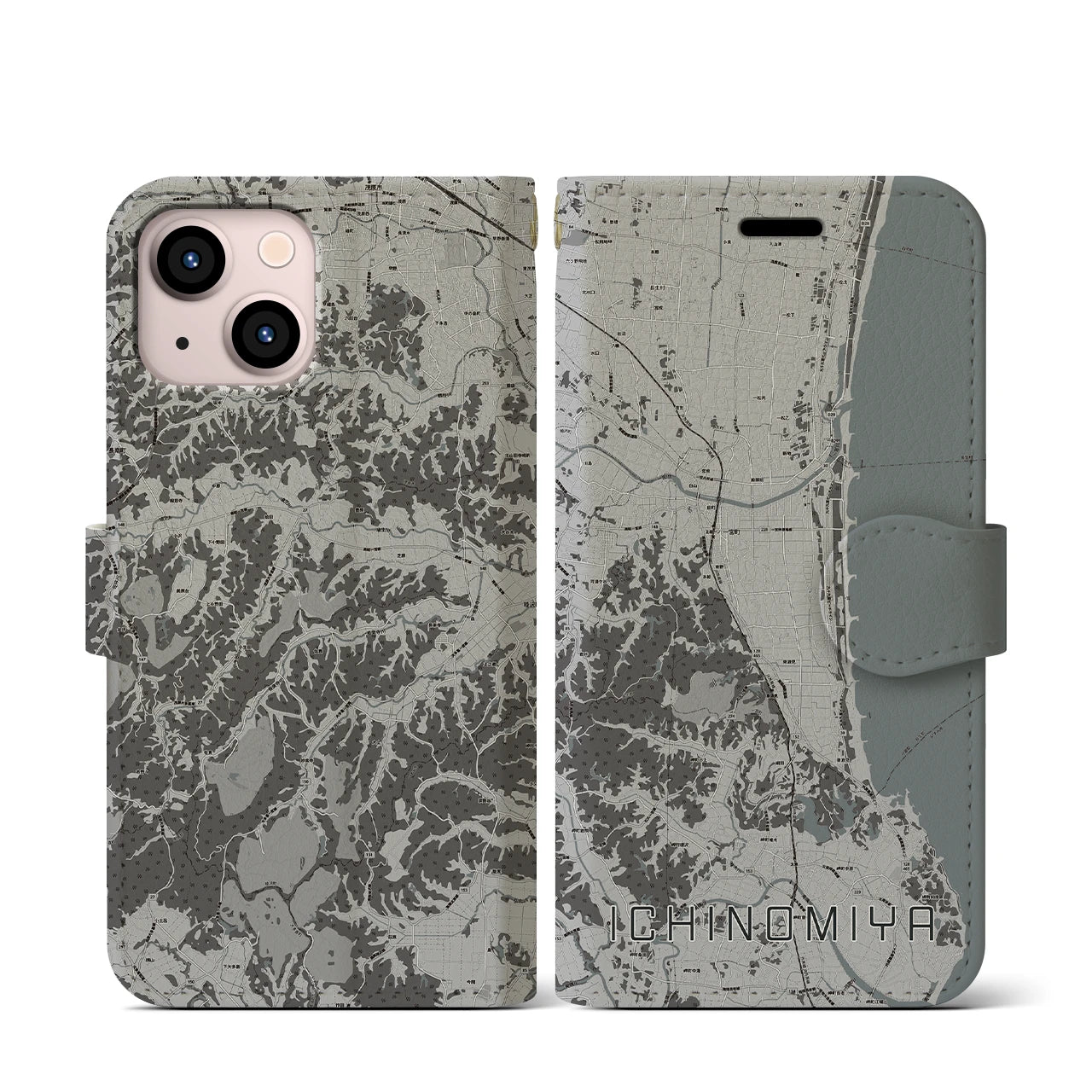 【一宮(千葉県)】地図柄iPhoneケース(手帳タイプ)モノトーン・iPhone 13 mini 用