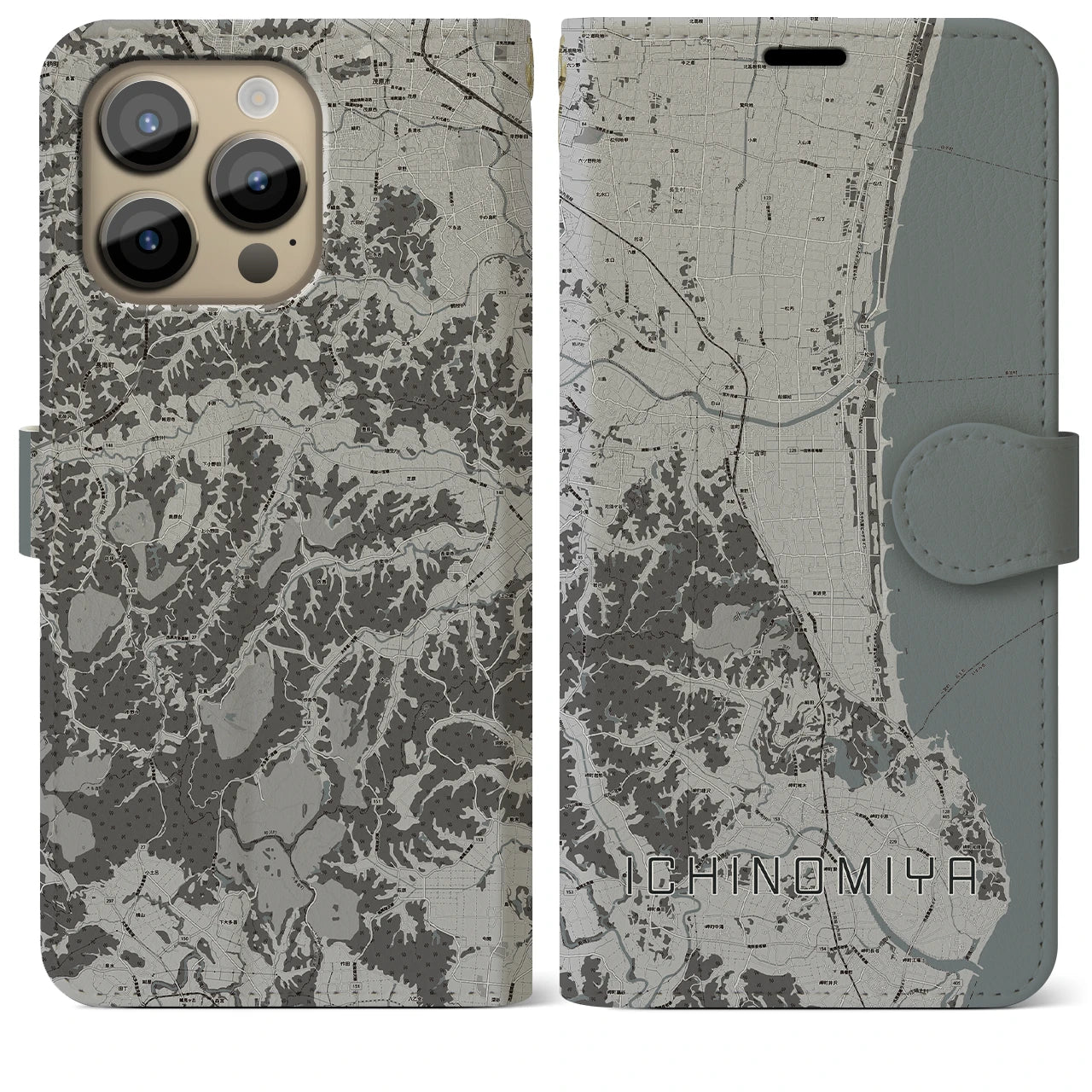 【一宮(千葉県)】地図柄iPhoneケース(手帳タイプ)モノトーン・iPhone 14 Pro Max 用