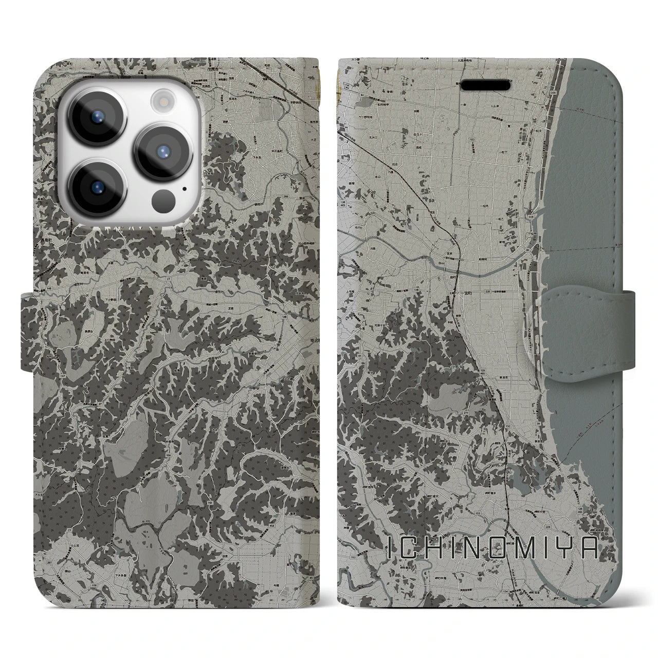 【一宮(千葉県)】地図柄iPhoneケース(手帳タイプ)モノトーン・iPhone 14 Pro 用