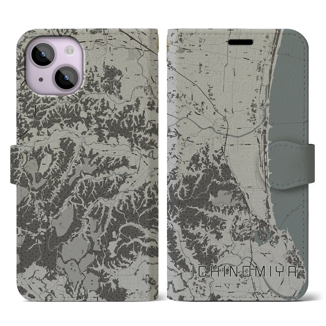【一宮(千葉県)】地図柄iPhoneケース(手帳タイプ)モノトーン・iPhone 14 用