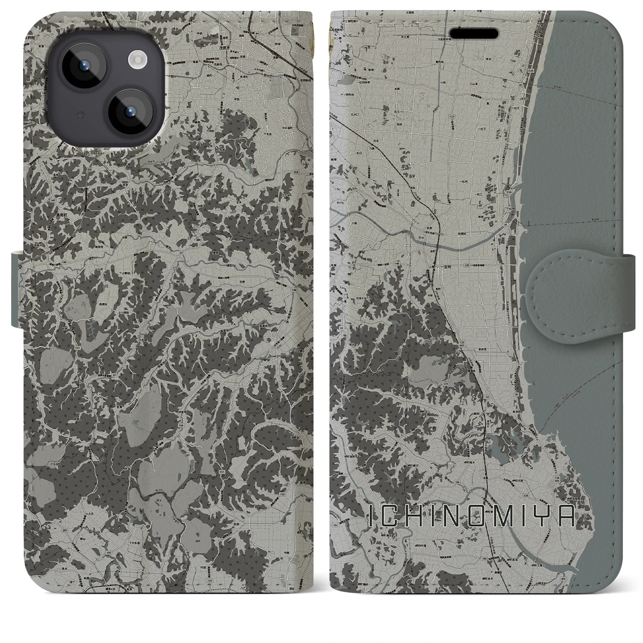 【一宮(千葉県)】地図柄iPhoneケース(手帳タイプ)モノトーン・iPhone 14 Plus 用