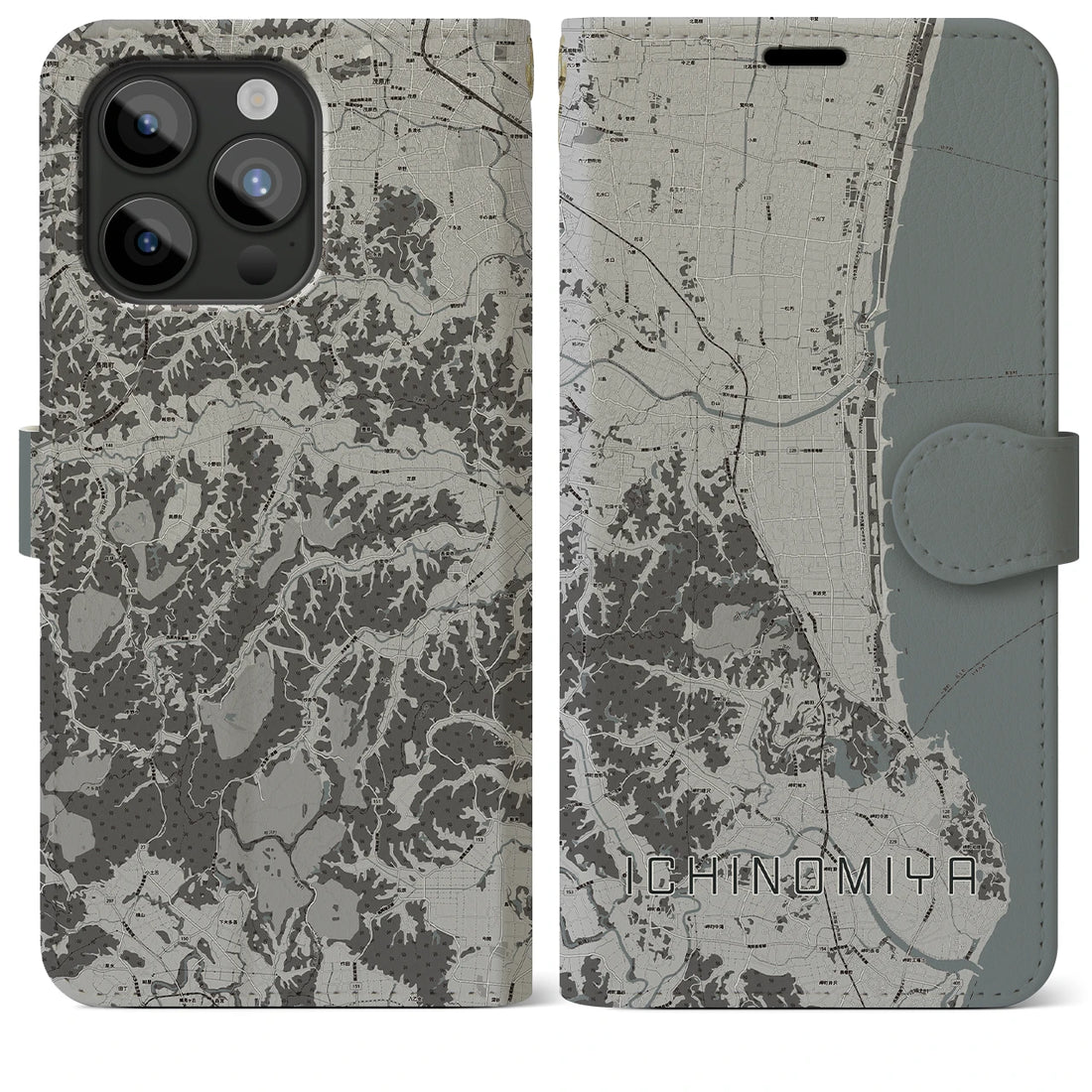 【一宮(千葉県)】地図柄iPhoneケース(手帳タイプ)モノトーン・iPhone 15 Pro Max 用