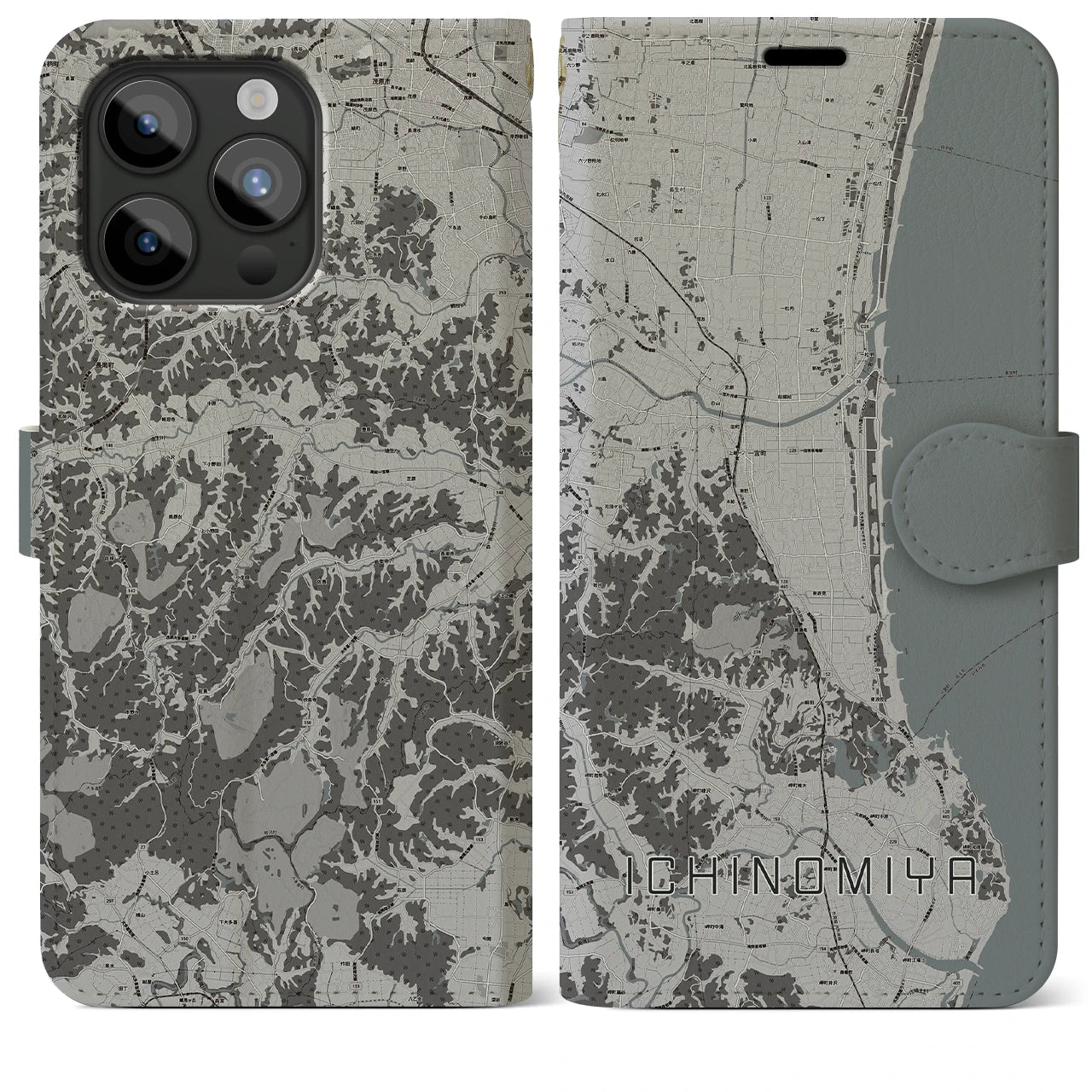 【一宮(千葉県)】地図柄iPhoneケース(手帳タイプ)モノトーン・iPhone 15 Pro Max 用