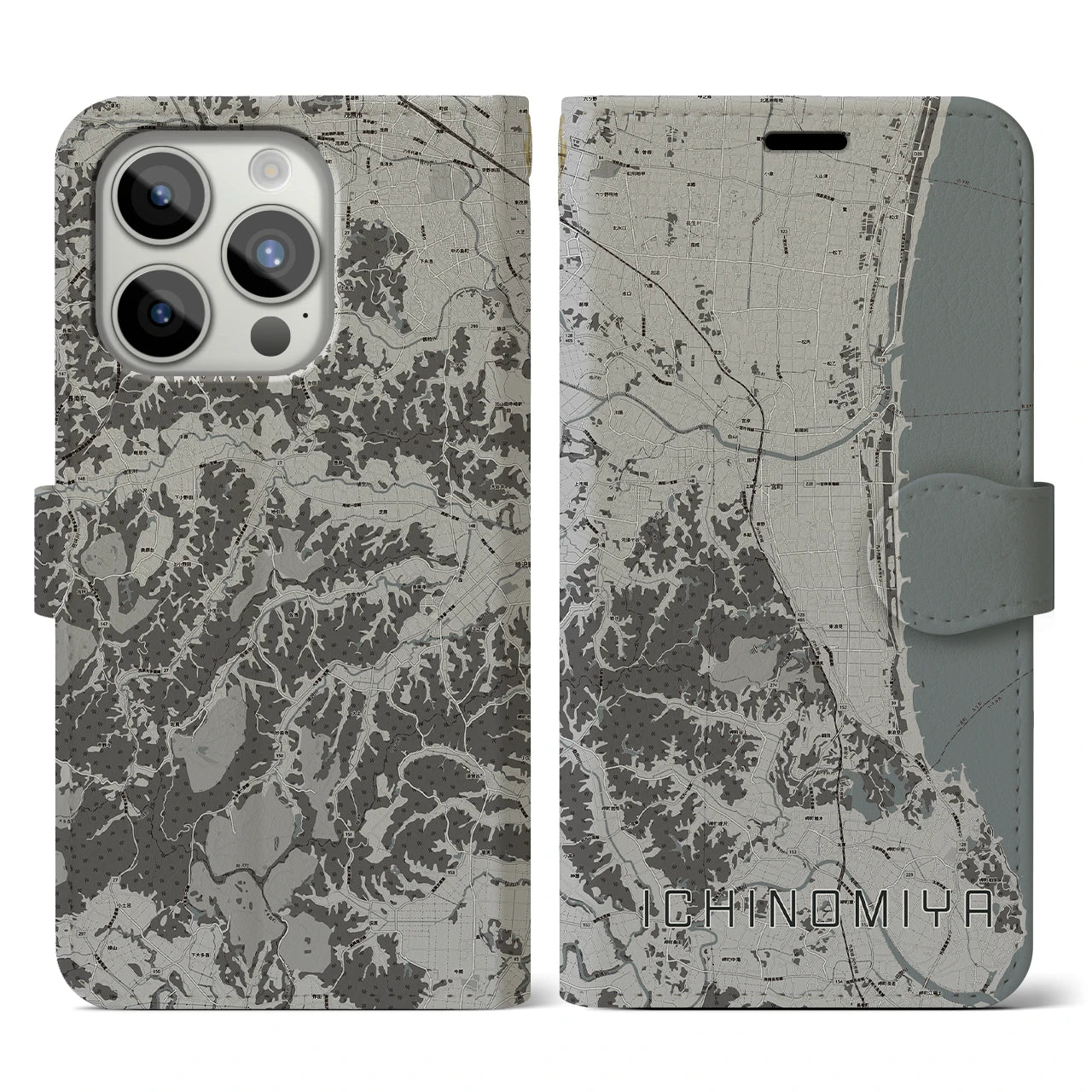 【一宮(千葉県)】地図柄iPhoneケース(手帳タイプ)モノトーン・iPhone 15 Pro 用