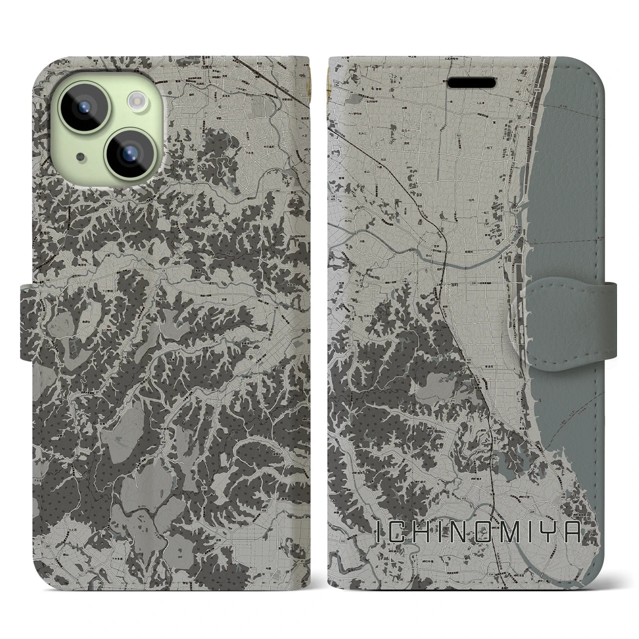 【一宮(千葉県)】地図柄iPhoneケース(手帳タイプ)モノトーン・iPhone 15 用