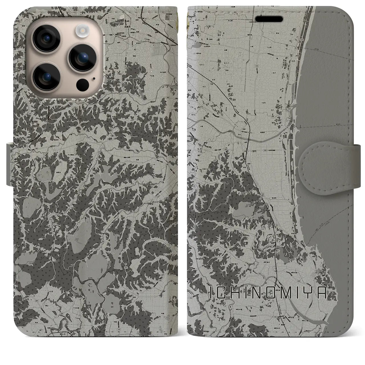 【一宮(千葉県)】地図柄iPhoneケース(手帳タイプ)モノトーン・iPhone 16 Plus 用