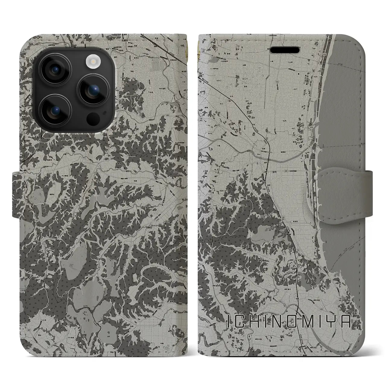 【一宮(千葉県)】地図柄iPhoneケース(手帳タイプ)モノトーン・iPhone 16 用