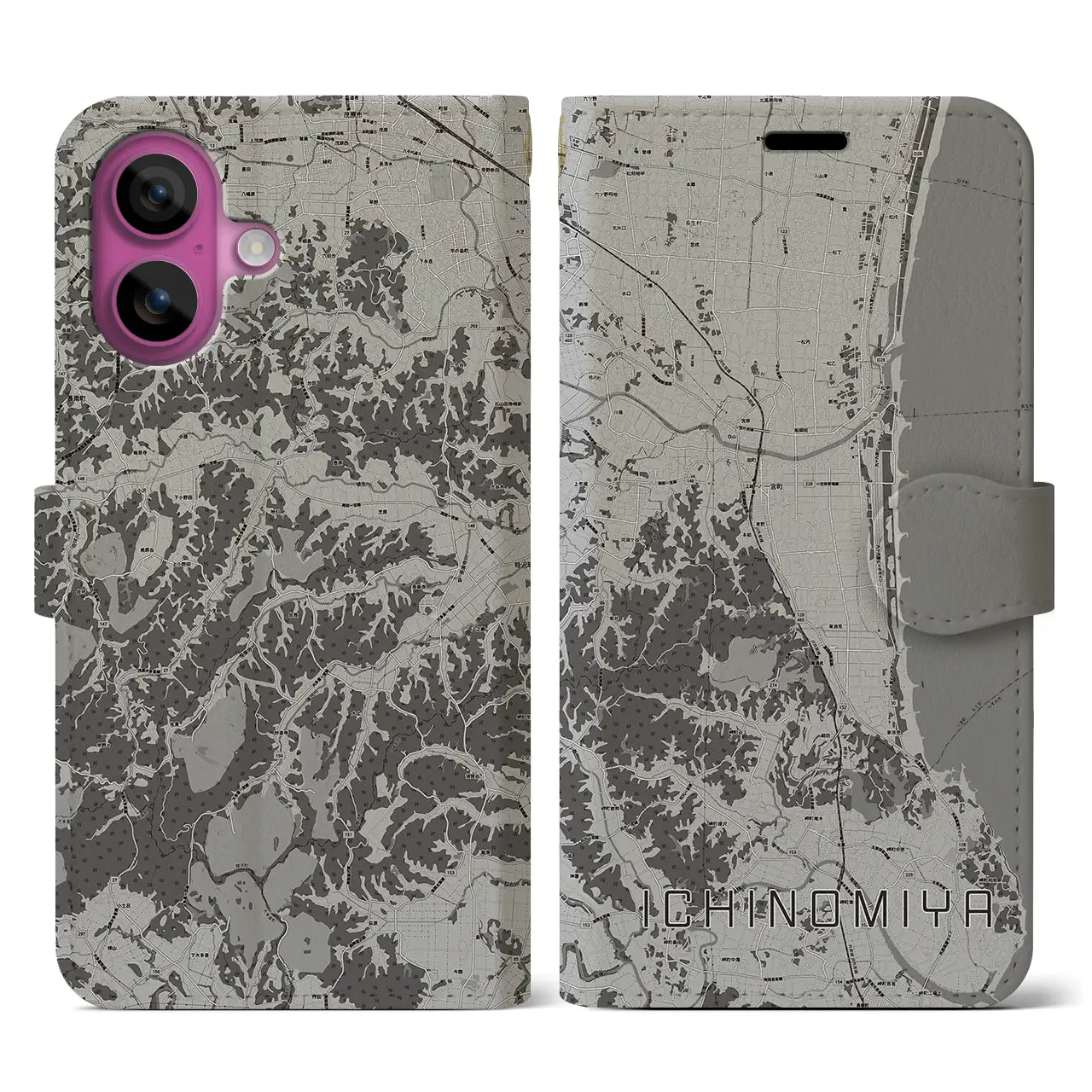 【一宮(千葉県)】地図柄iPhoneケース(手帳タイプ)モノトーン・iPhone 16 Pro 用