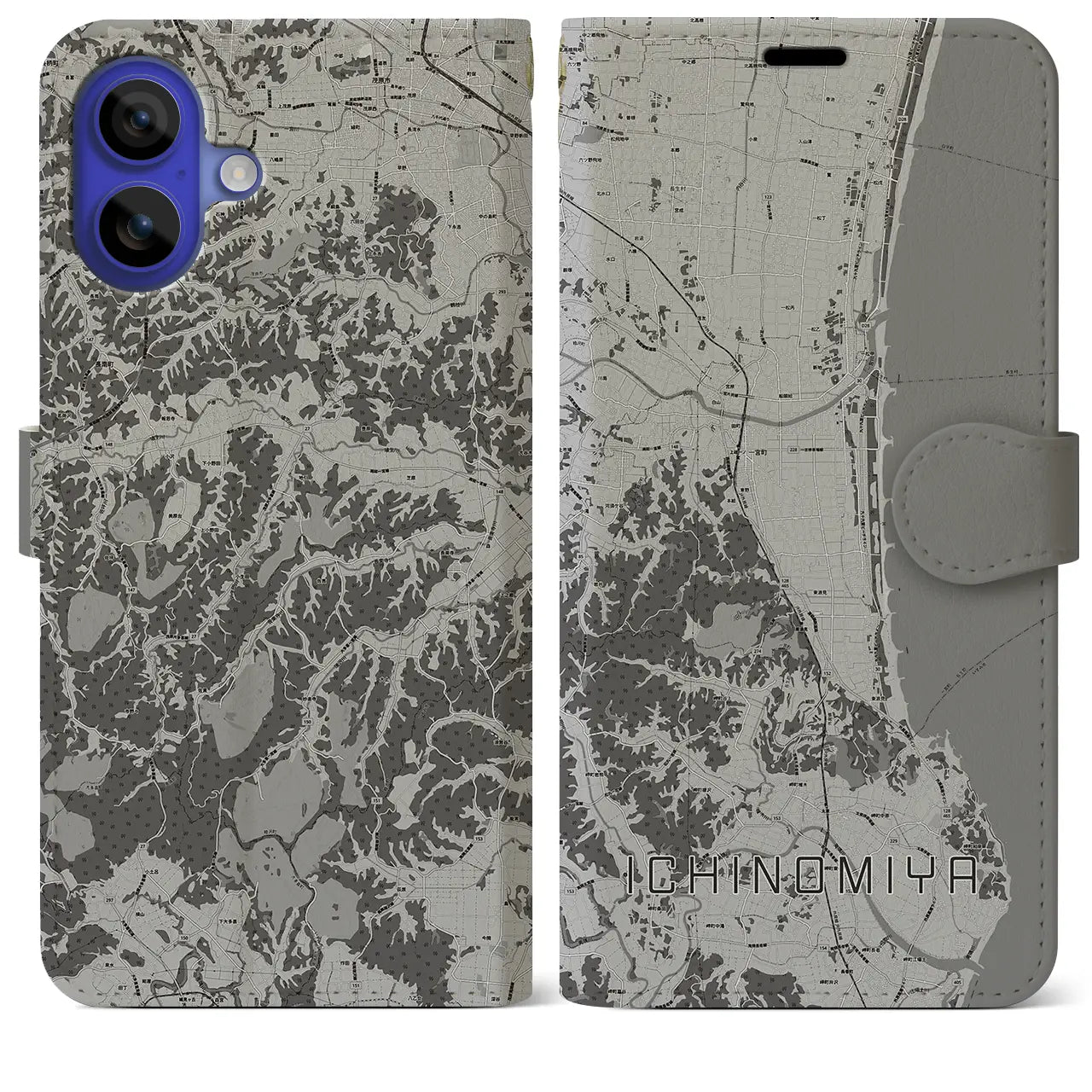 【一宮(千葉県)】地図柄iPhoneケース(手帳タイプ)モノトーン・iPhone 16 Pro Max 用